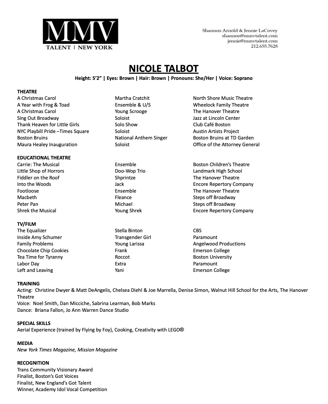 Resume for Nicole Talbot featuring contact information, theater and educational theater performances, TV/film roles, training, special skills, media publications, and recognitions.