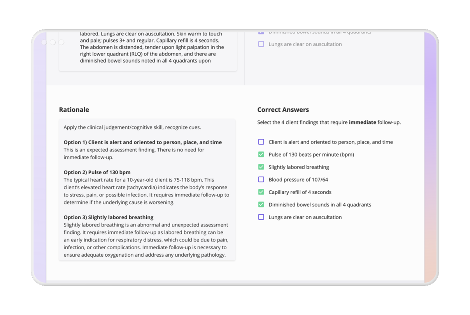 Smart’n results screen showing a completed nursing case study question with a breakdown of correct and incorrect answer rationales.