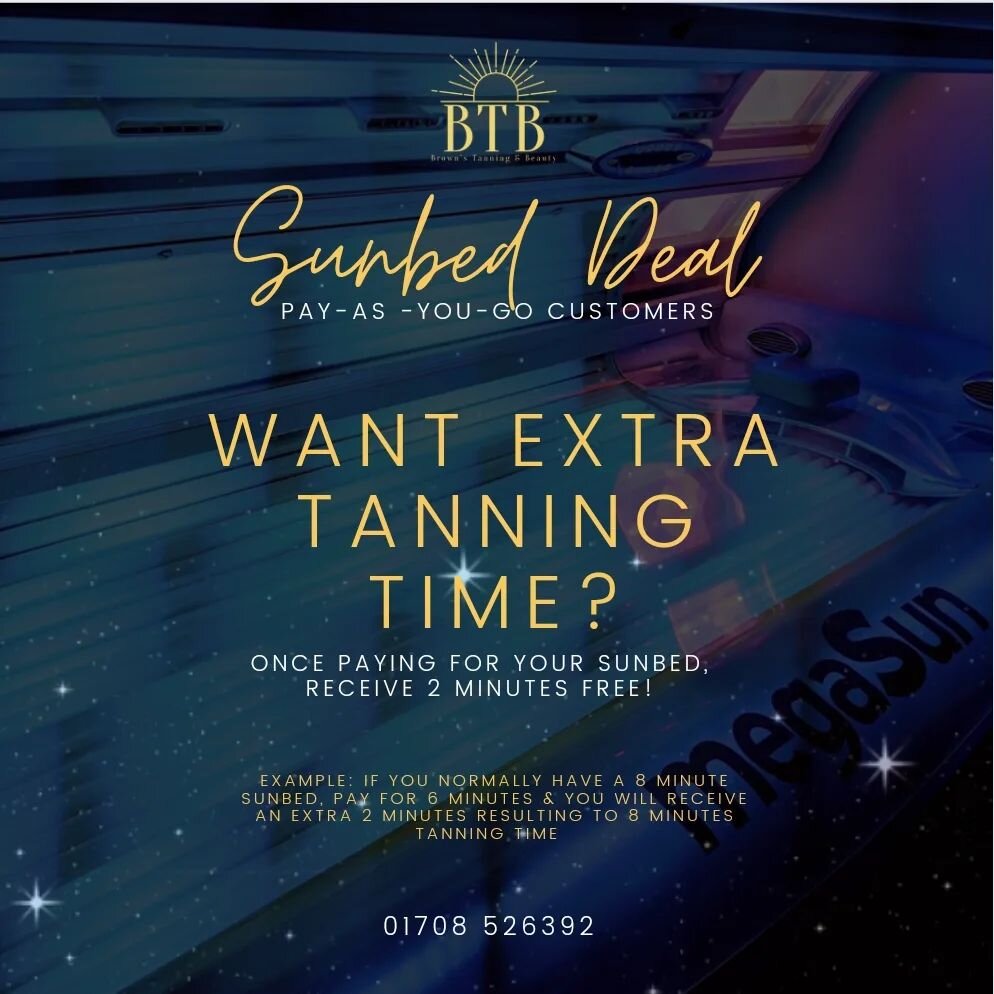 Sunbeds ☀️ Deals Too Hot To Miss.

PAYG Deals, For Those Who Dont Want To Commit To A Course, Here Is A Treat For You.

Available Tuesday 2nd - Saturday 6th May.

T&amp;C's Apply.