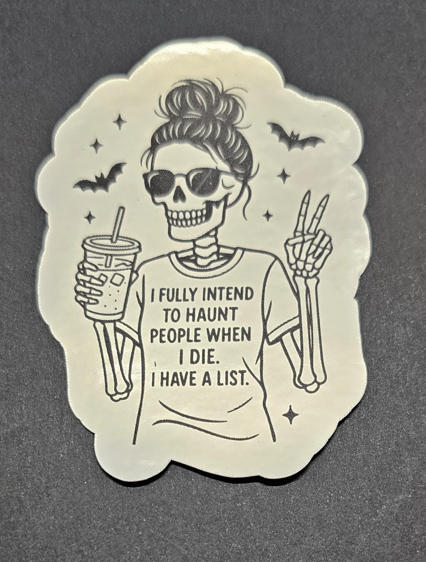 Peel & Stick Vinyl Decal - Skeleton humor
Measures - H = 3.0 inches  W = 2.25 inches
