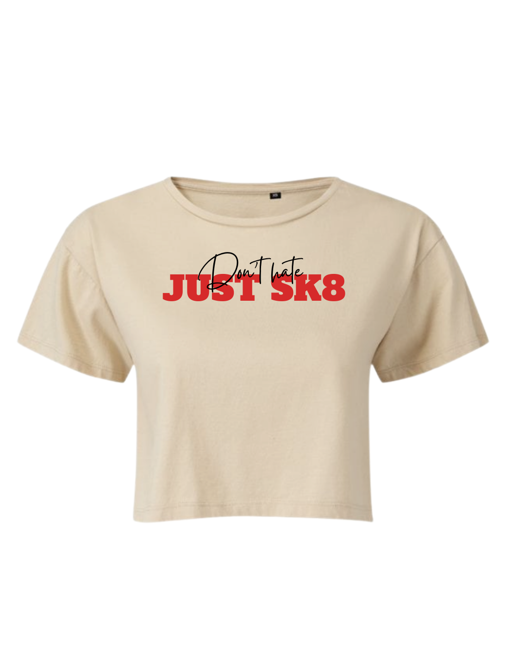 skate_mates_Sk8_m8s_dont_hate_just_skate_sk8_classic_cropped_Tshirt_sand_red_logo_front.png