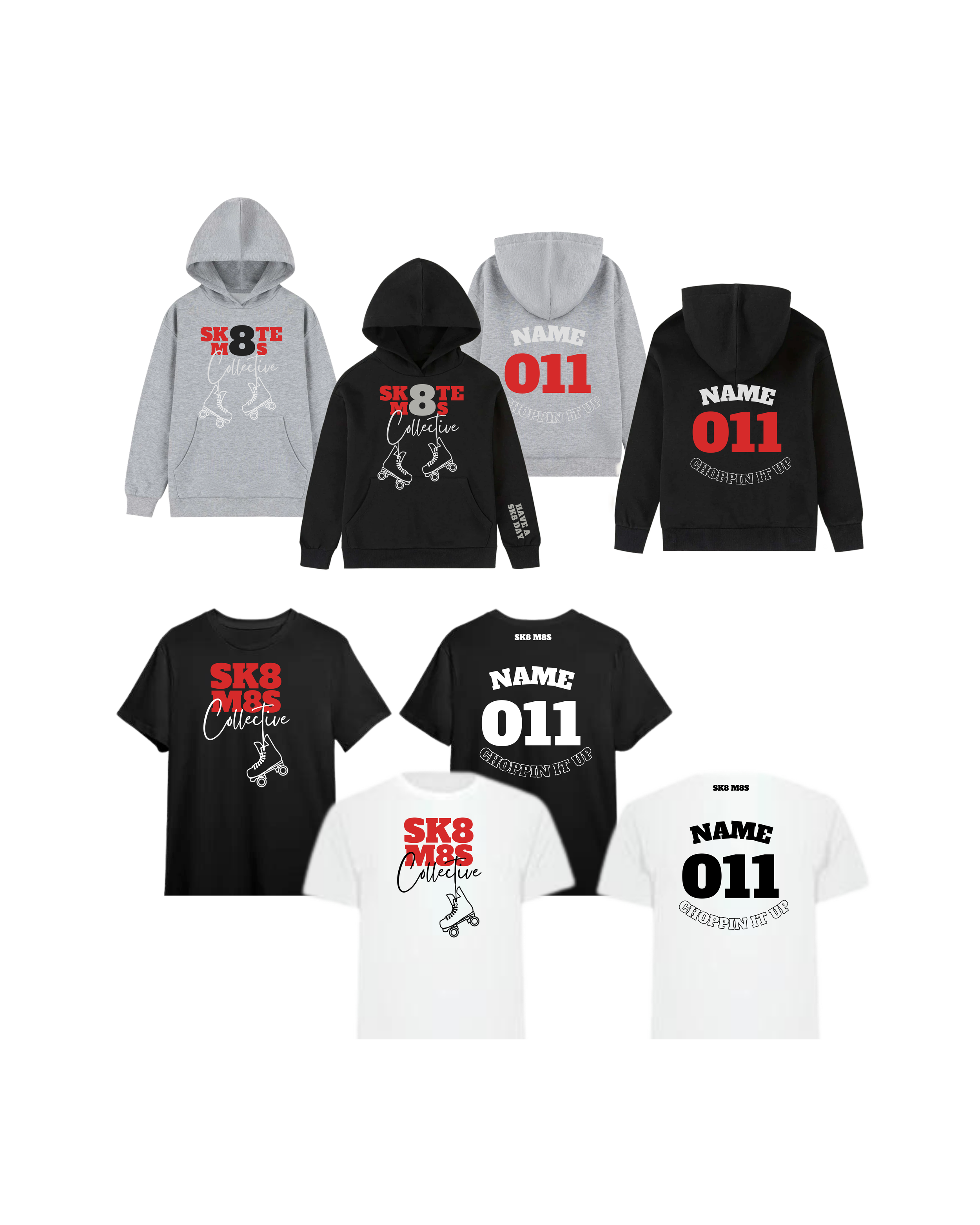 Collection of SK8 M8S classic reflective hoodies and classic T-shirts in black, grey, and white with roller skate graphics and text, some featuring customisable name and SK8 no. (skate number.)