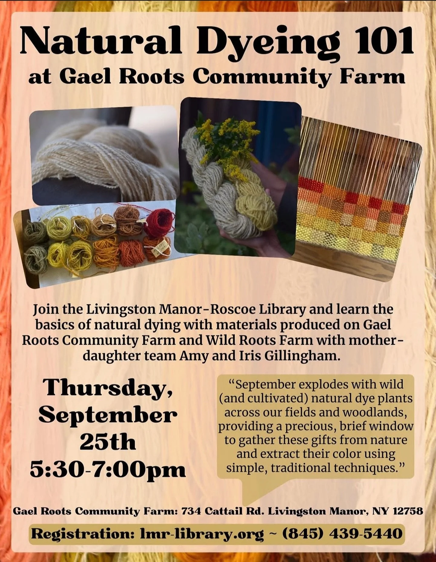 Join us to learn about natural dyeing on the farm! Register today! 🧶

#fiberarts #naturaldyeing #plantdye #catskillmountains