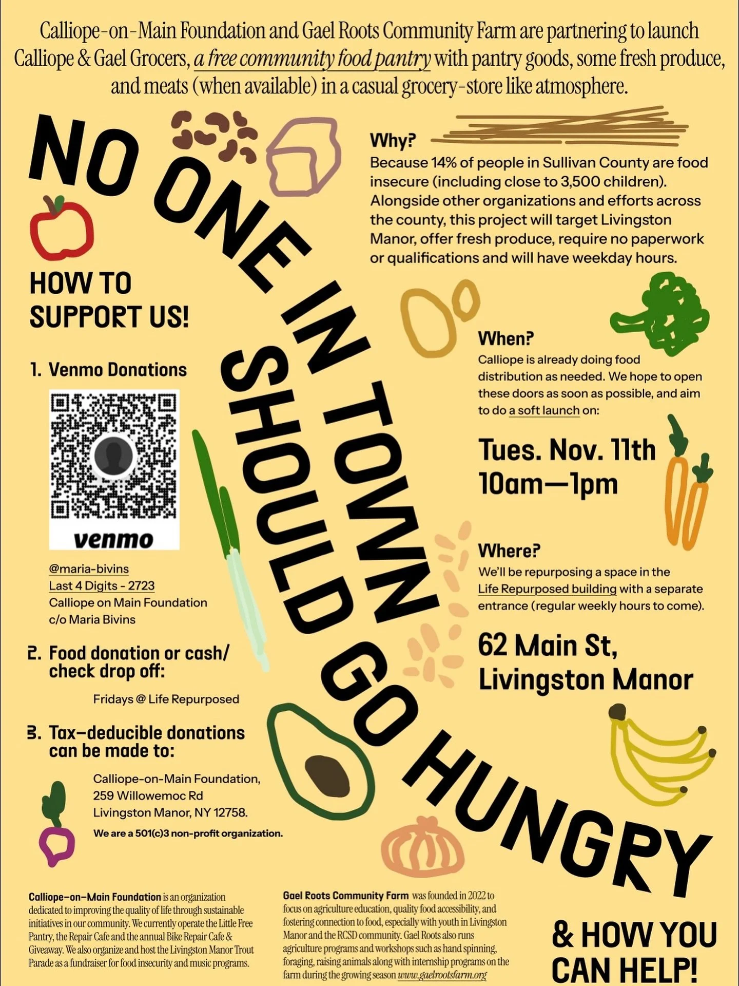 COMMUNITY UPDATE: Calliope-on-Main Foundation and Gael Roots Community Farm are partnering to launch Calliope &amp; Gael Grocers, a free community food pantry with pantry goods, some fresh produce, and meats (when available) in a casual grocery-store