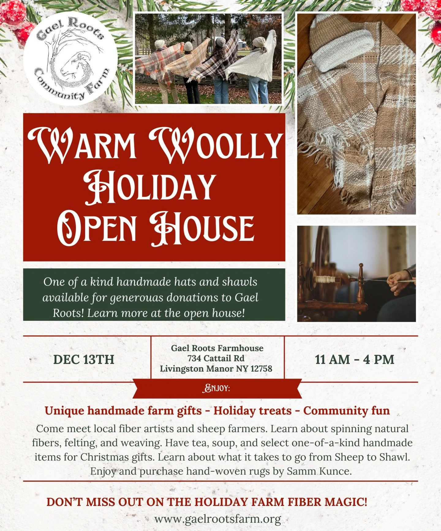 Join us for a Warm Woolly Holiday Open House on December 13th! 11am-4pm! The event is free! 

Everything we do on Gael Roots is about community and sharing skills! This will be a fun day of sharing festive cheer, and an opportunity to learn more abou