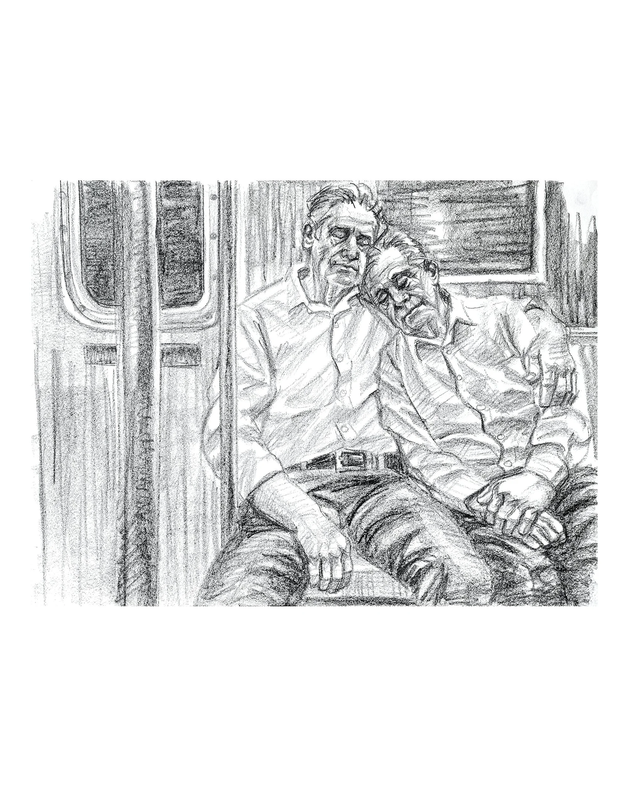 Evening, Subway, A Senior Couple,, 18x24 inches, crayon on paper, by Kenney Mencher Square.jpg