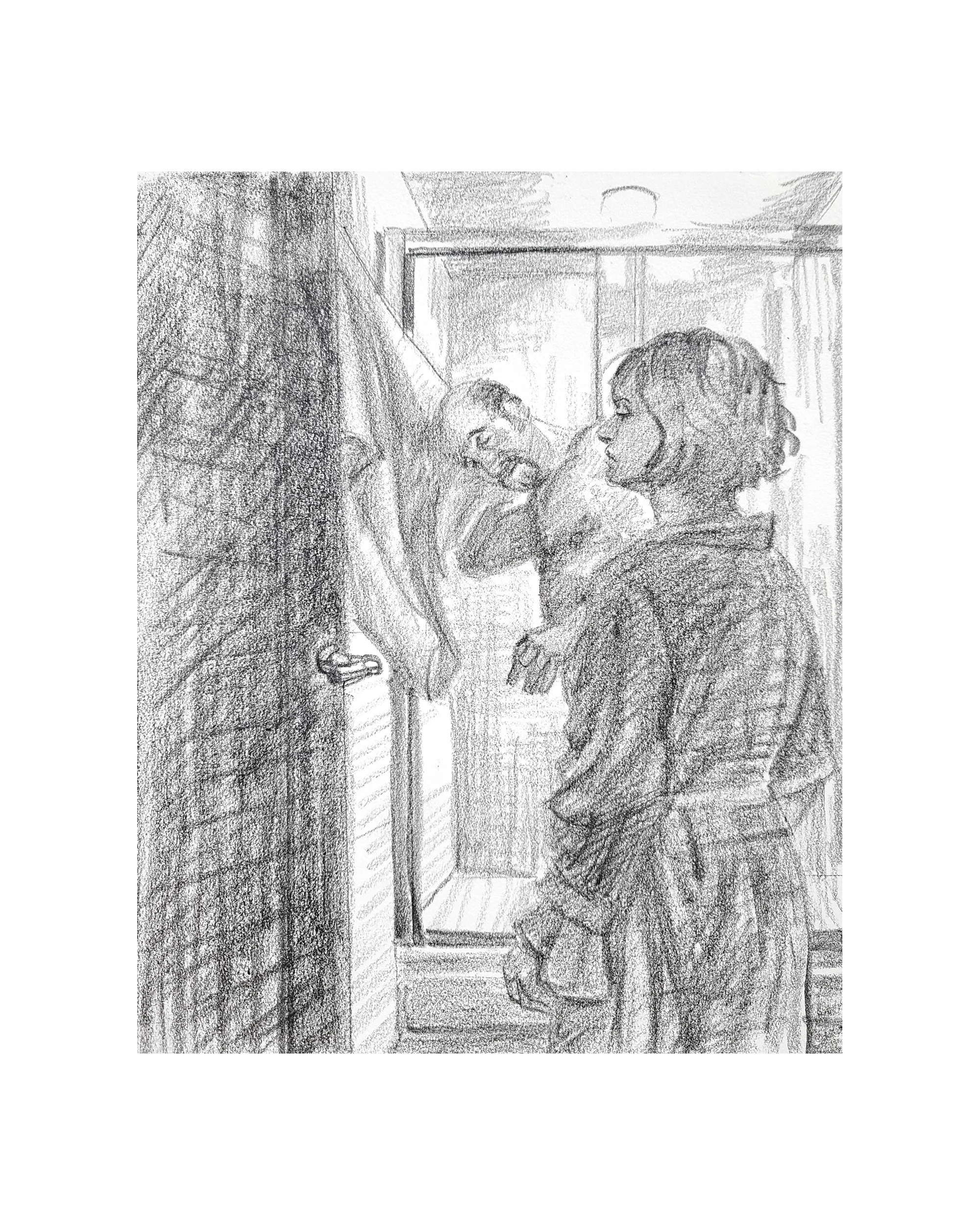 Morning, Bathroom, (Self Portrait Toweling Off), 12x9 inches, crayon on Rives BFK, by Kenney Mencher