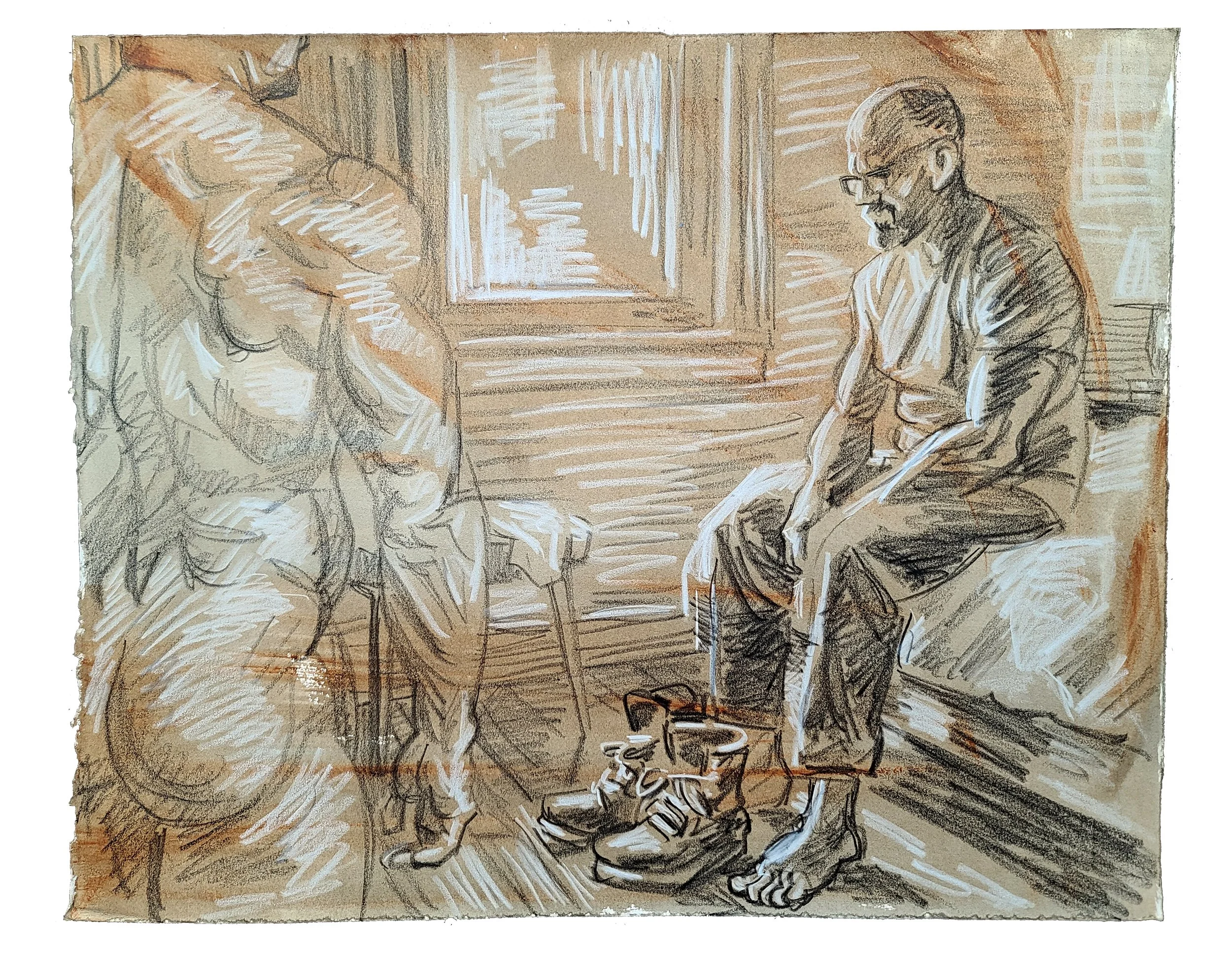 Self Portrait with another Figure, 22x30 inches, crayon on toned Rives BFK, by Kenney Mencher white.jpg