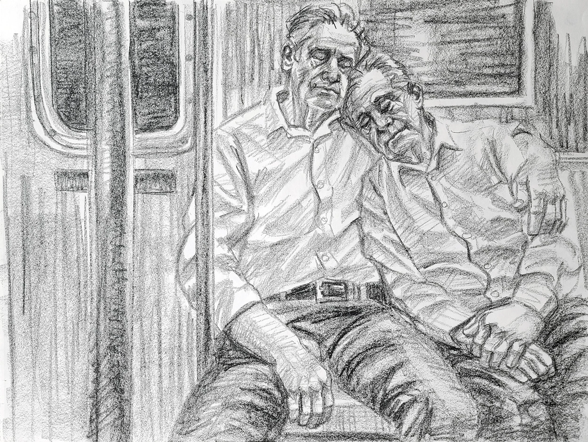 Evening, Subway, A Senior Couple,, 18x24 inches, crayon on paper, by Kenney Mencher .jpg