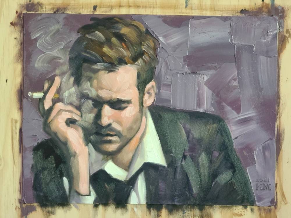 RESERVED FOR RODRIGO, Smoker, 12x16 inches oil paint on canvas panel by Kenney Mencher