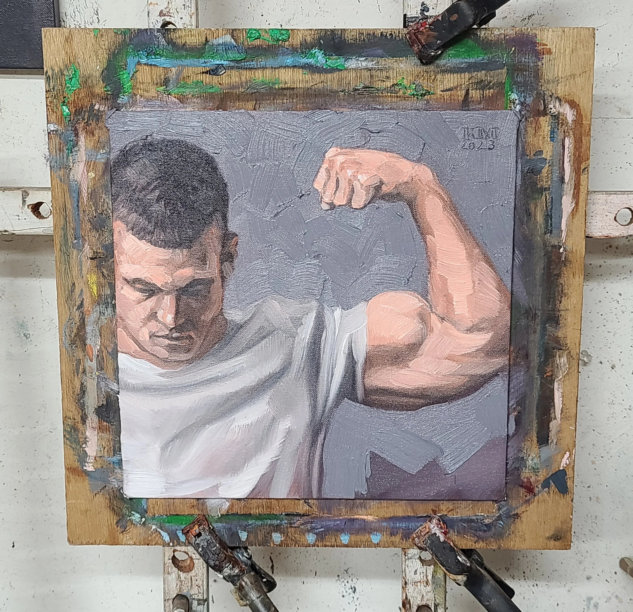 Power Grunt in a White Tee Flexing, 12x12 inches oil on canvas panel by Kenney Mencher (1).jpg