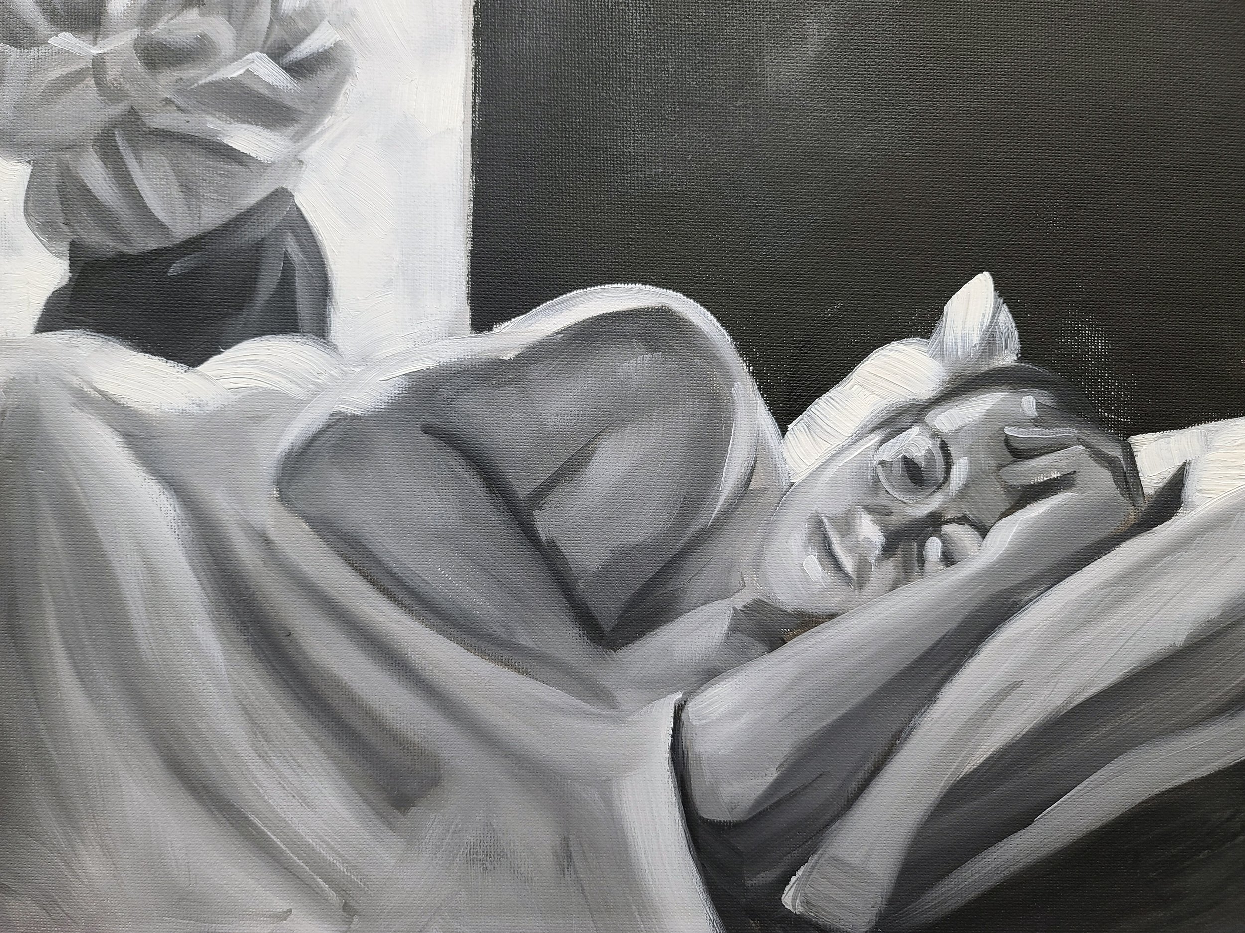Greeny in my Dream, 18x24 inches black and white oil paint on canvas paper by Kenney Mencher (8).jpg