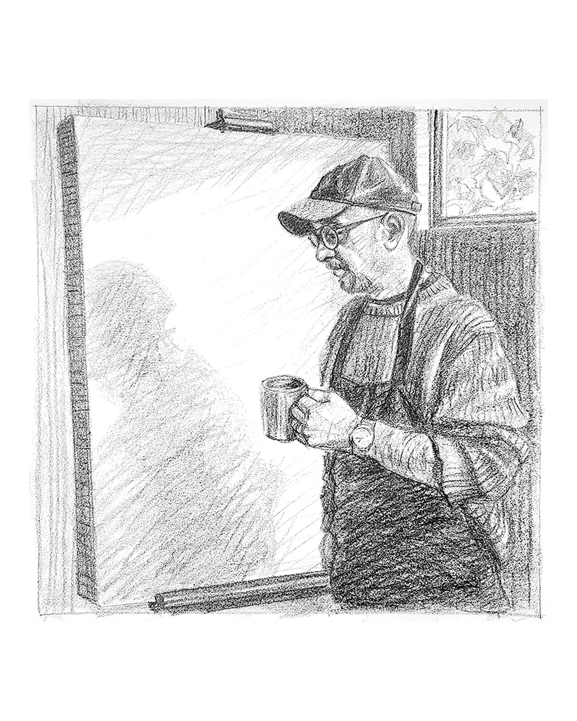 Morning, Coffee in my Studio,, 24x18 inches, crayon on paper, by Kenney Mencher