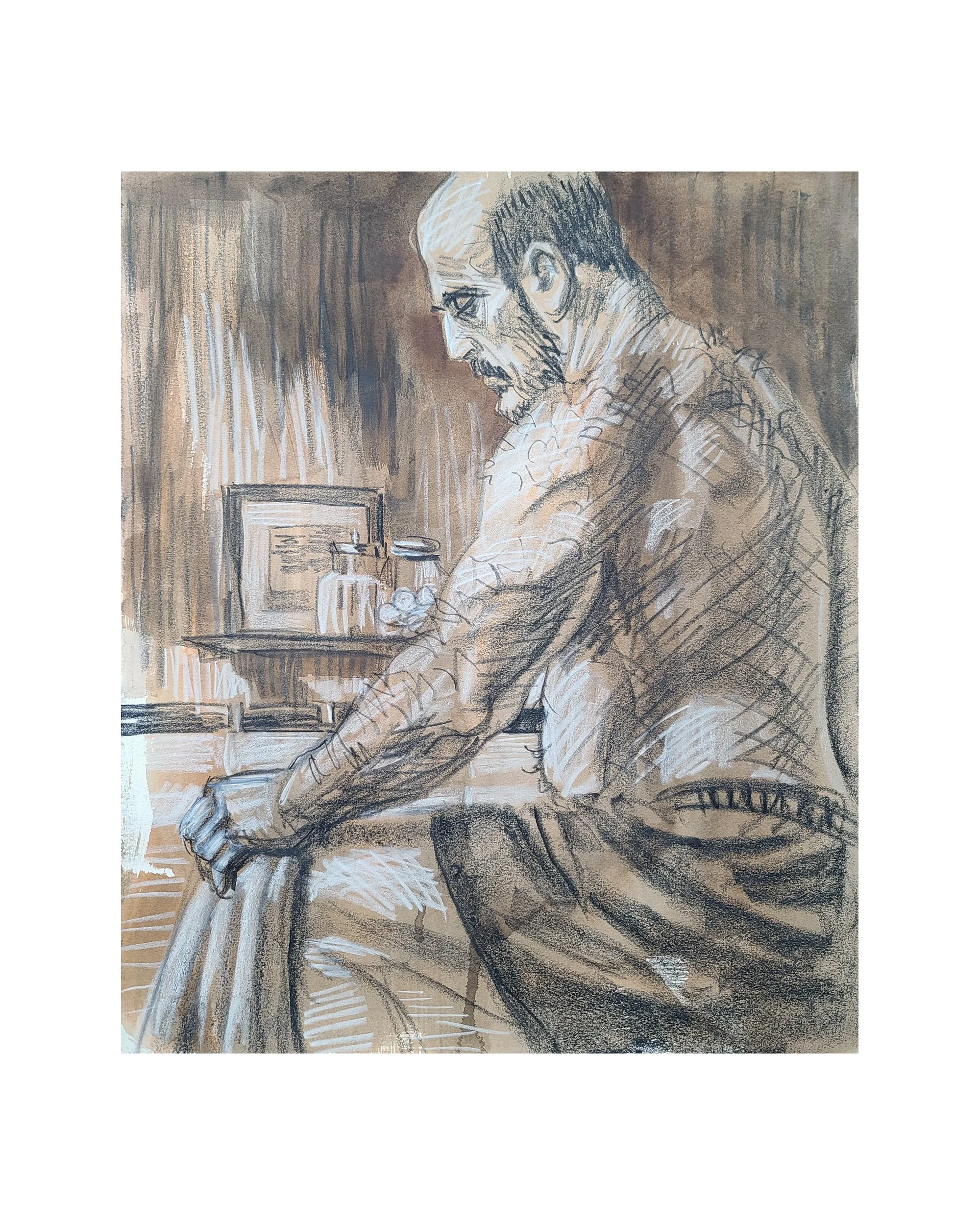 Self Portrait in Shorts, (Idealized), 20x16 inches, crayon on paper, by Kenney Mencher