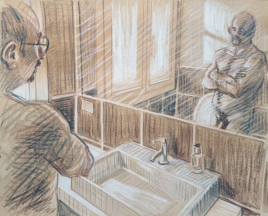 Saturday 9-15 AM, 20x16 inches, crayon on toned paper by Kenney Mencher (1).jpg