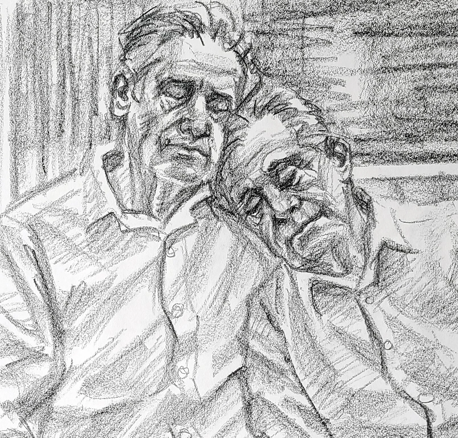 Evening, Subway, A Senior Couple,, 18x24 inches, crayon on paper, by Kenney Mencher dtl .jpg