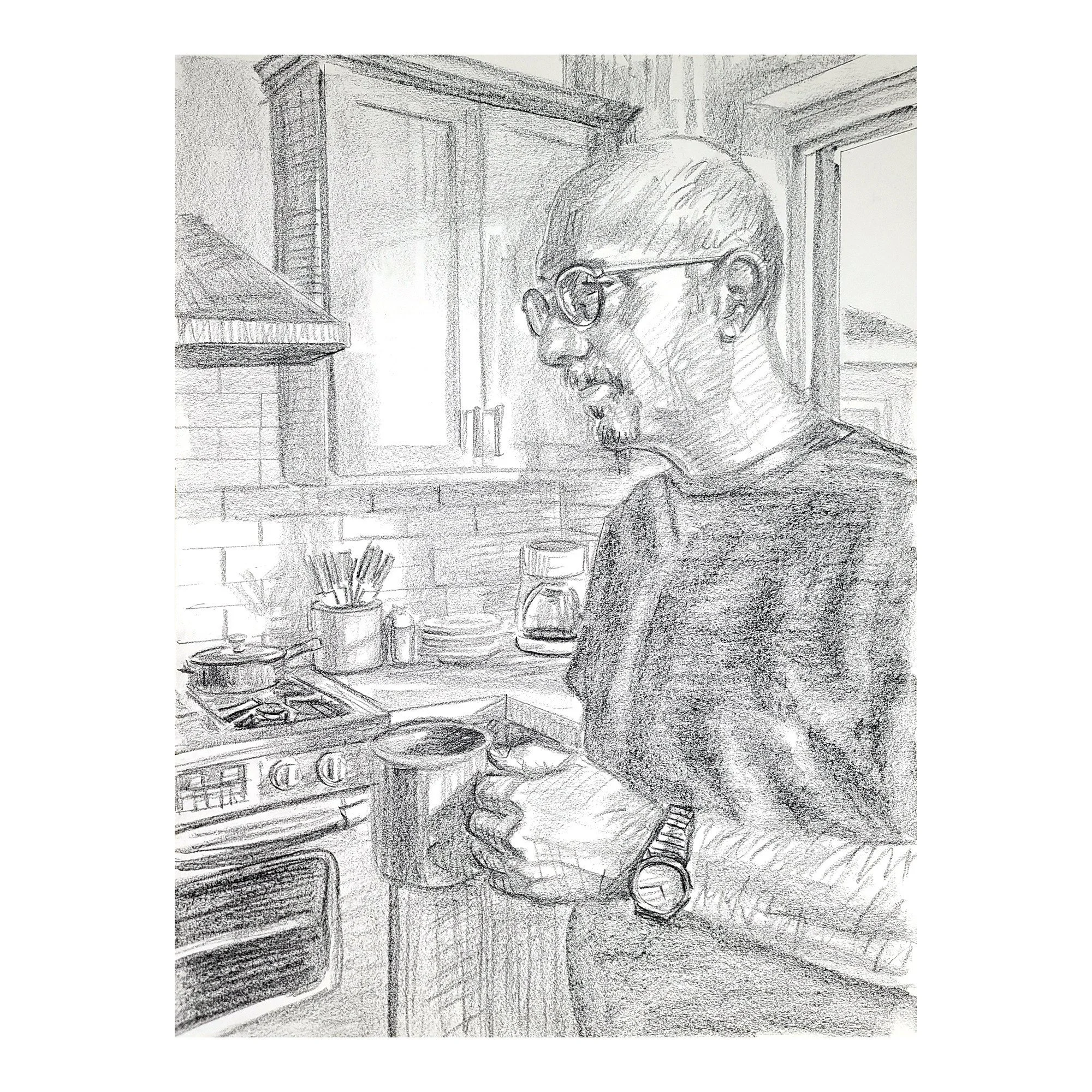 Self Portrait,Morning Coffee in the Kitchen, 24x18 inches, crayon on paper, by Kenney Mencher Etsy.jpg