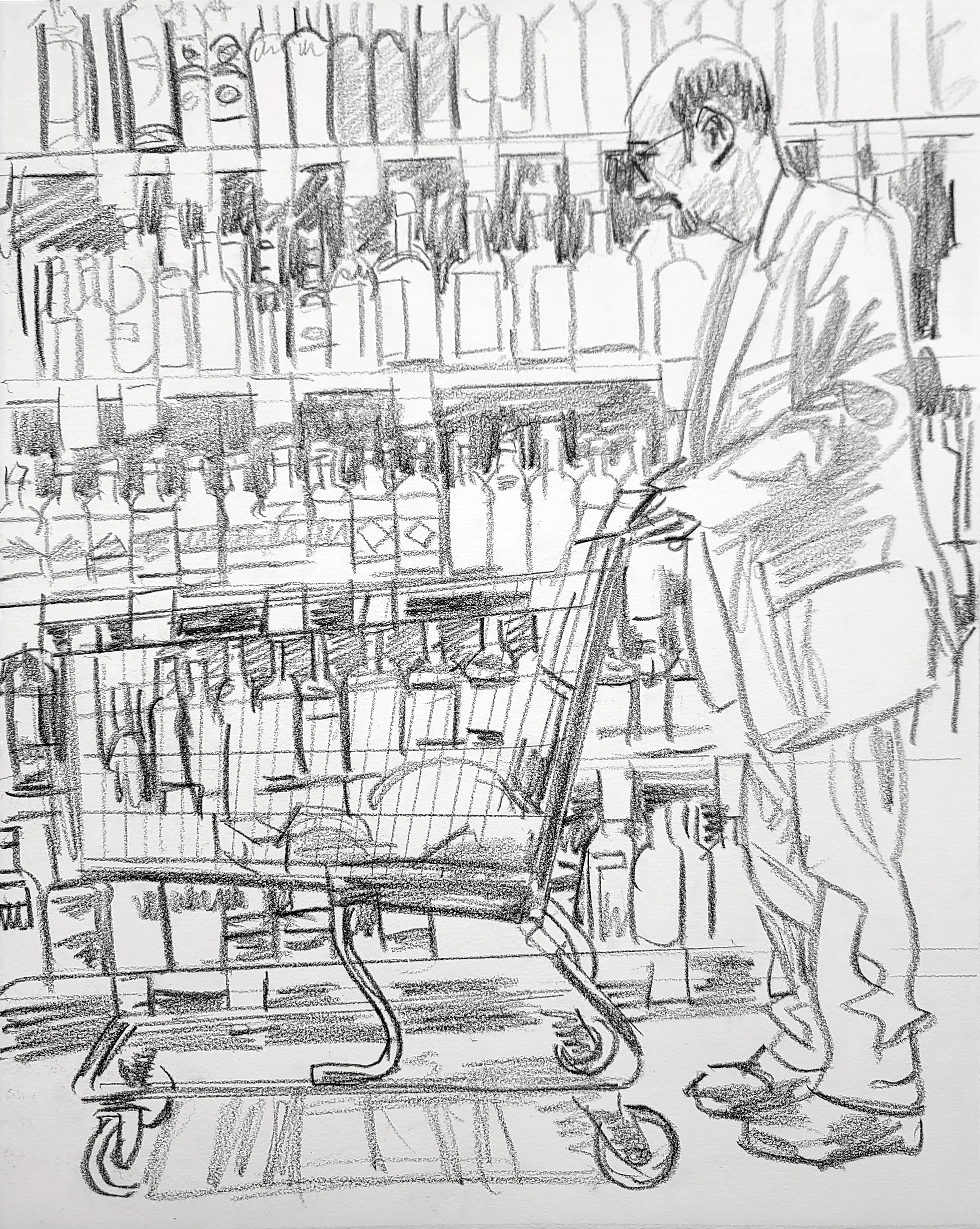 Groceries, Coffee House, 22x16 inches, crayon on paper, by Kenney Mencher .jpg