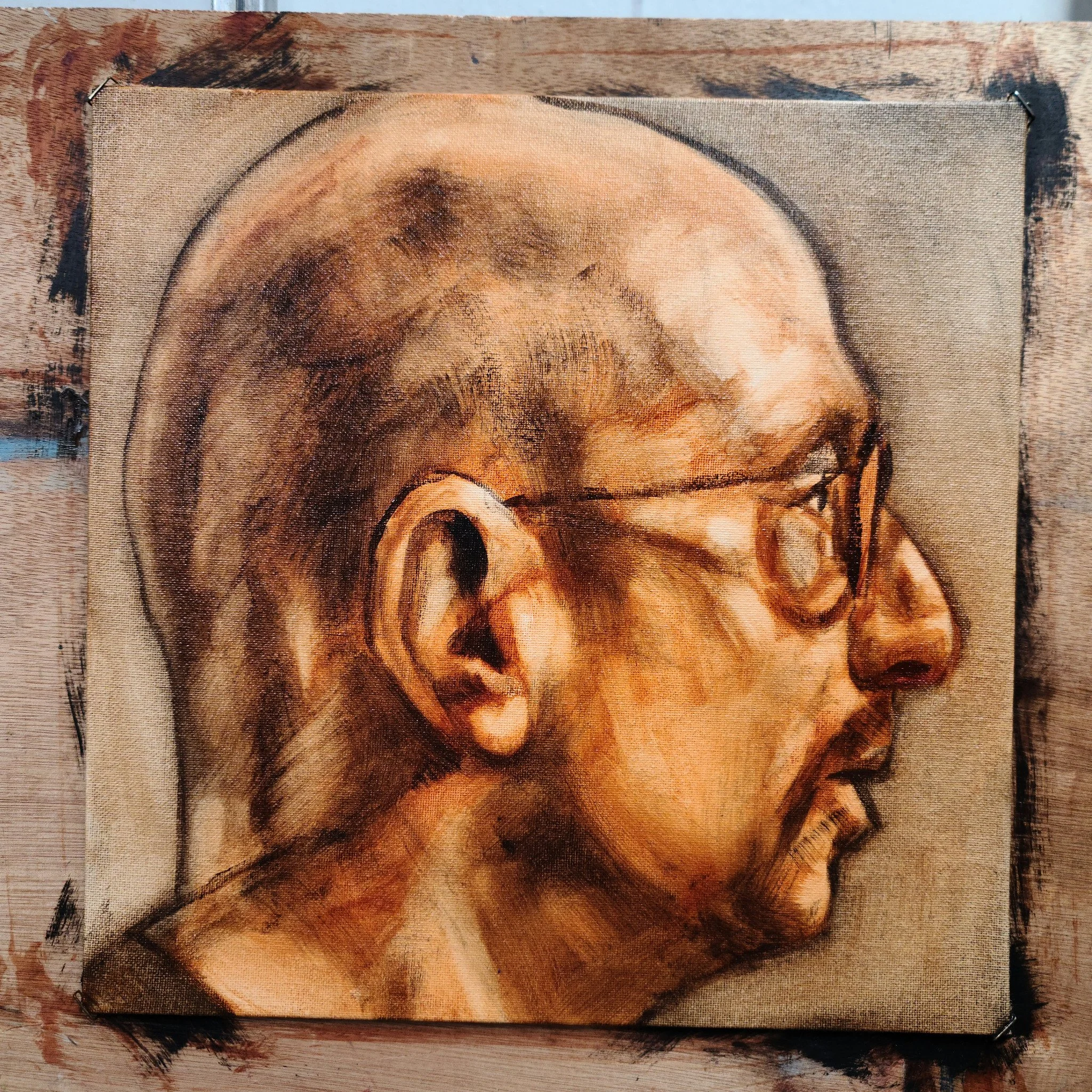 Self Portrait, (Head Study Profile 2 in Sepia with Glasses), 12x12 inches, oil on canvas panel, by Kenney Mencher.jpg