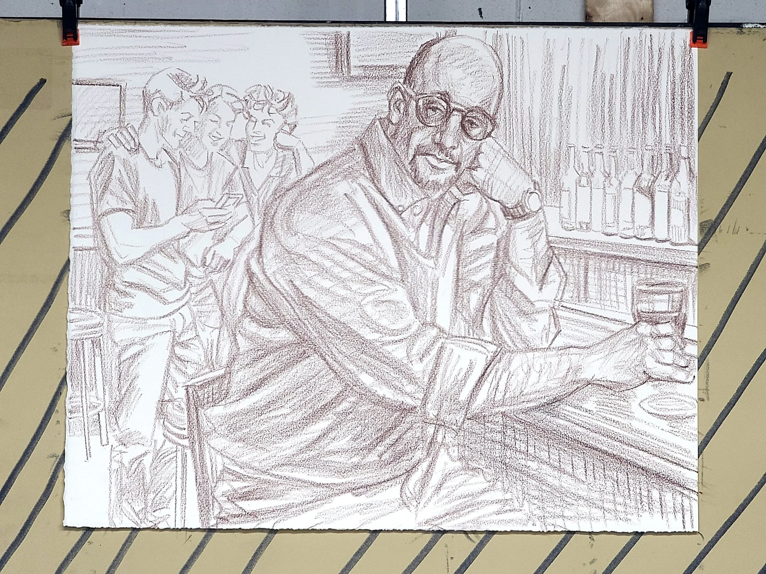 Saturday Night in a Bar, 20x16 inches, crayon on toned paper by Kenney Mencher  (2).jpg