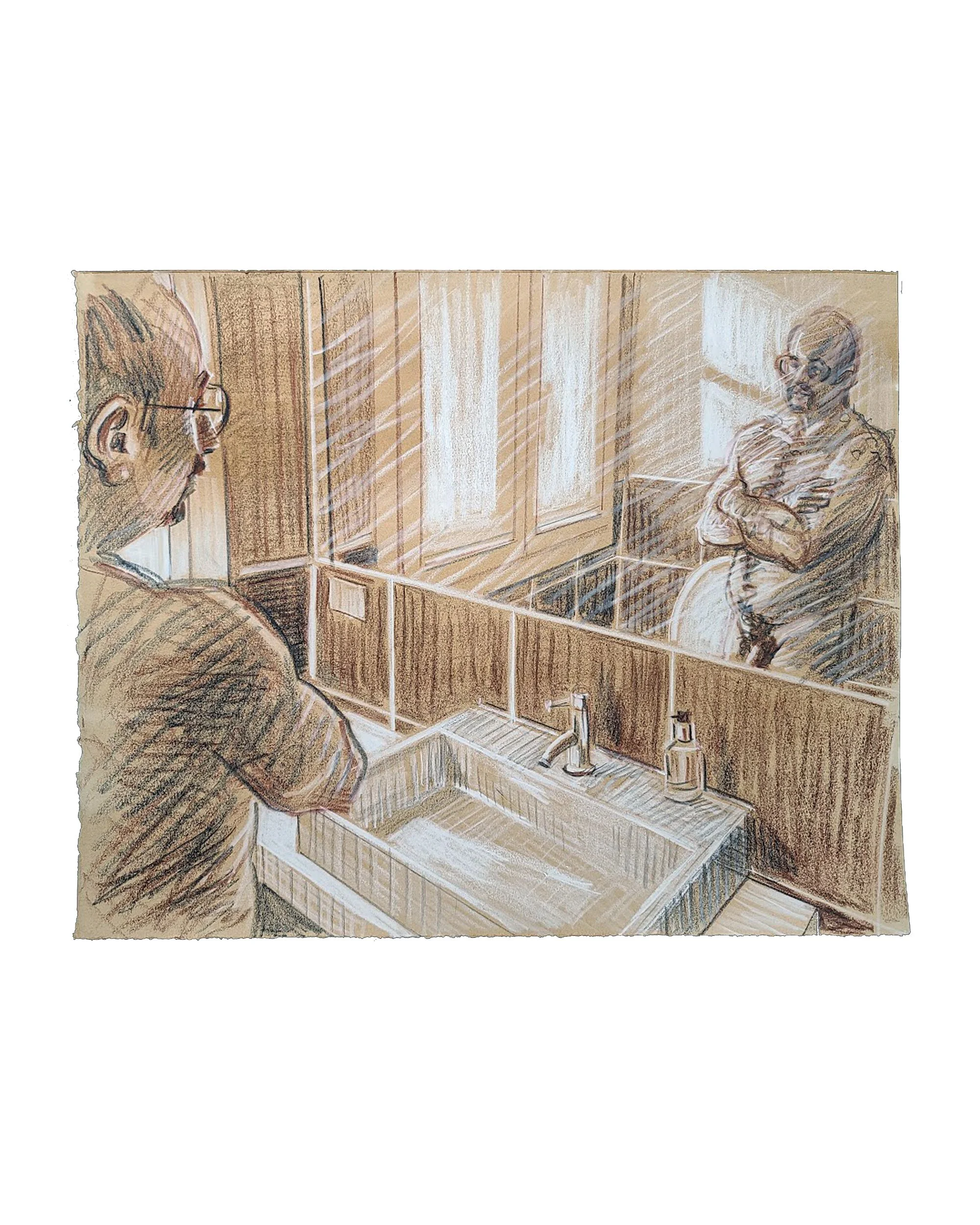 Saturday 9:15 AM, 16x20 inches, crayon on toned paper by Kenney Mencher
