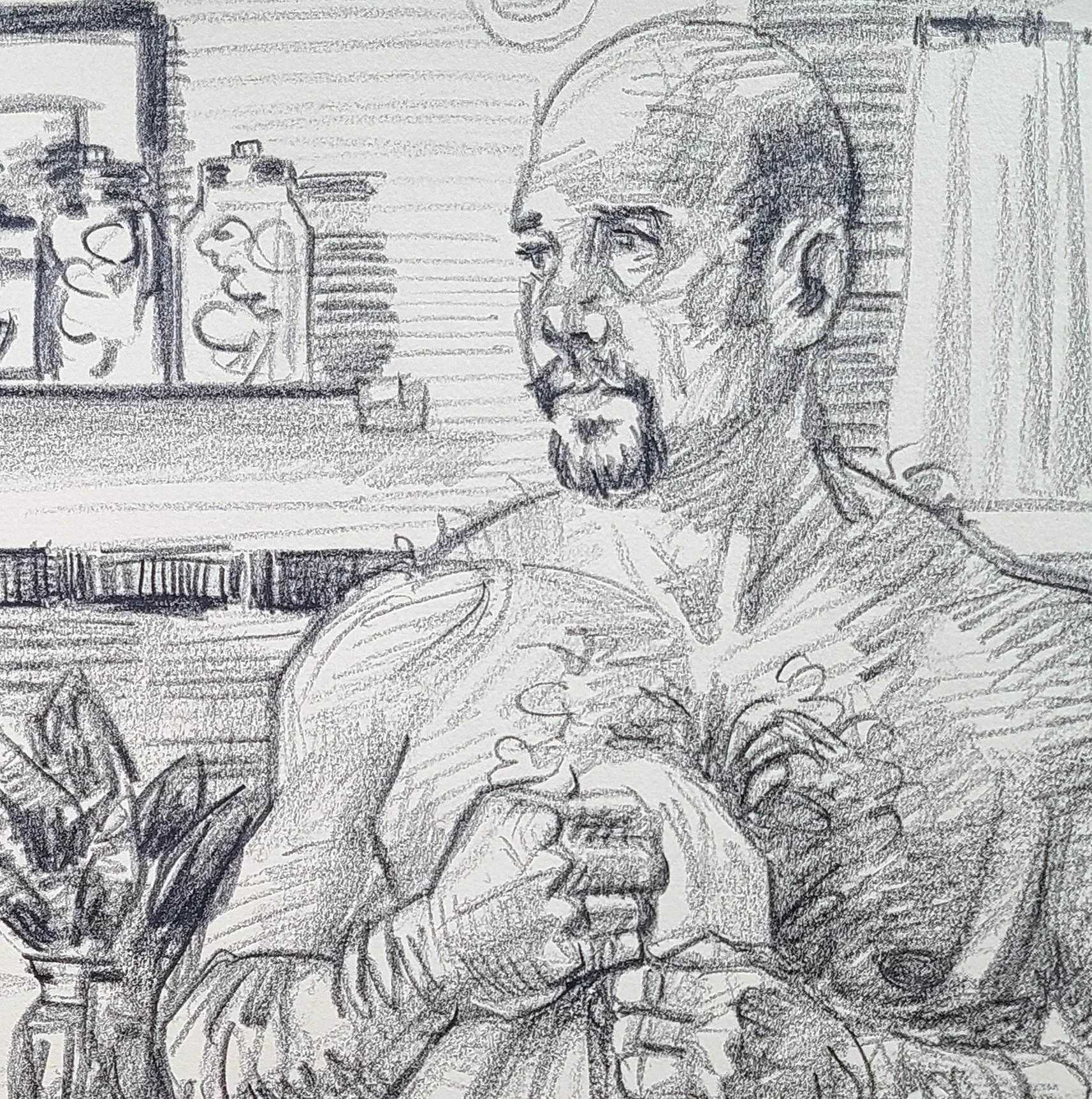 Self Portrait in the Bathroom, 16x20 inches, crayon on toned Rives BFK, by Kenney Mencher dtl.jpg