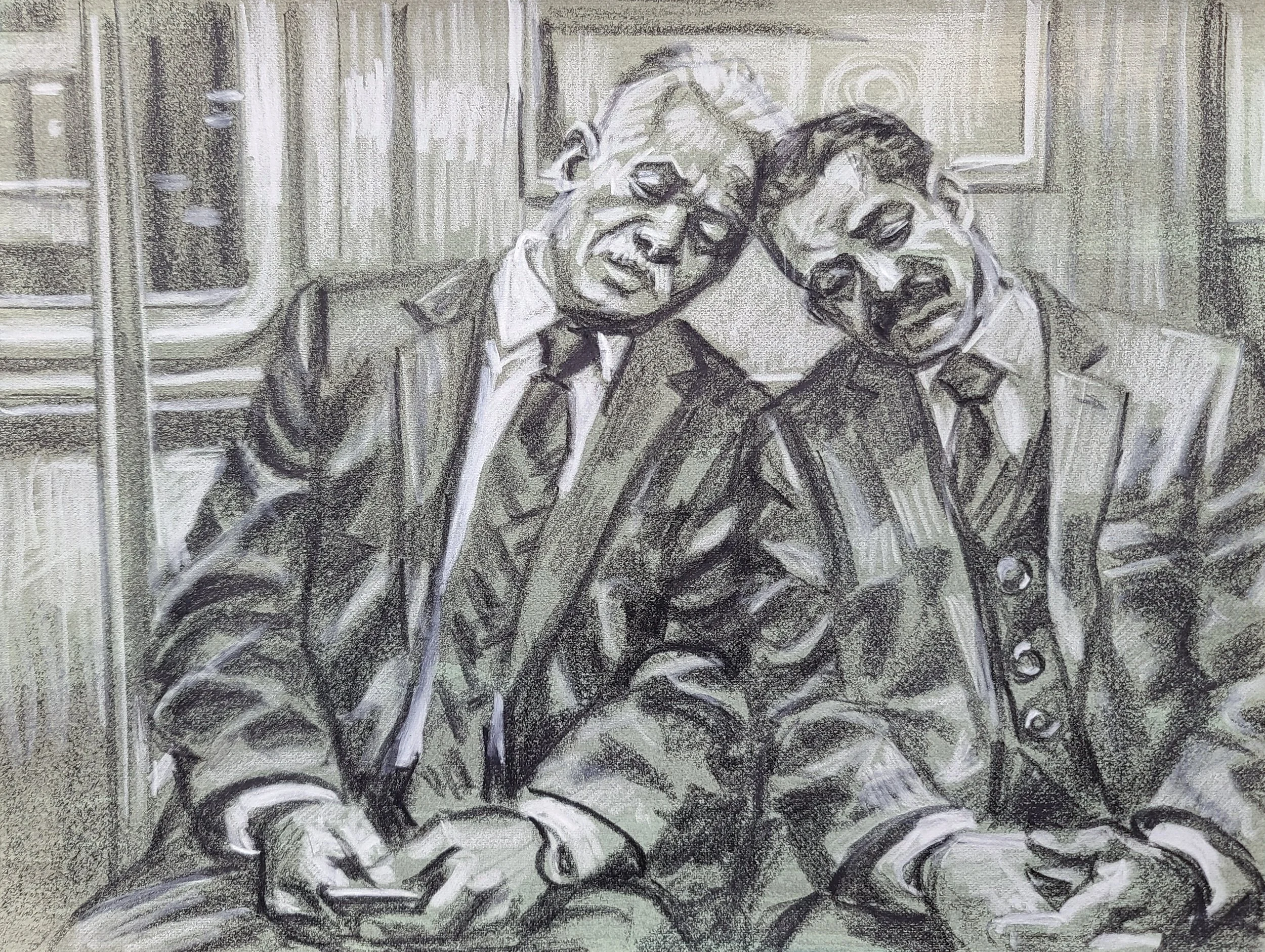 Companions on the Subway, 9x12 inches, crayon on toned Rives BFK, by Kenney Mencher  .jpg