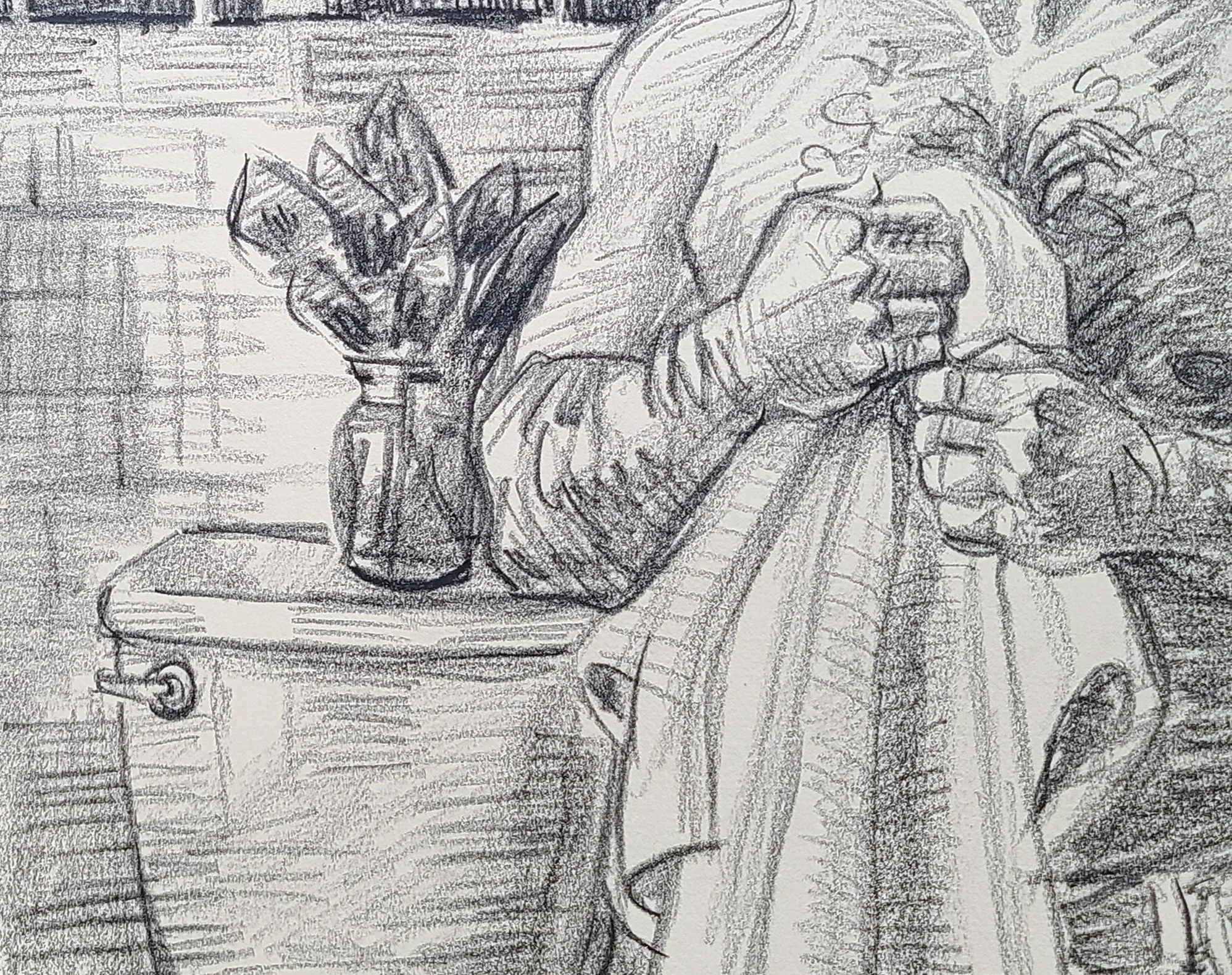 Self Portrait in the Bathroom, 16x20 inches, crayon on toned Rives BFK, by Kenney Mencher dtl2.jpg