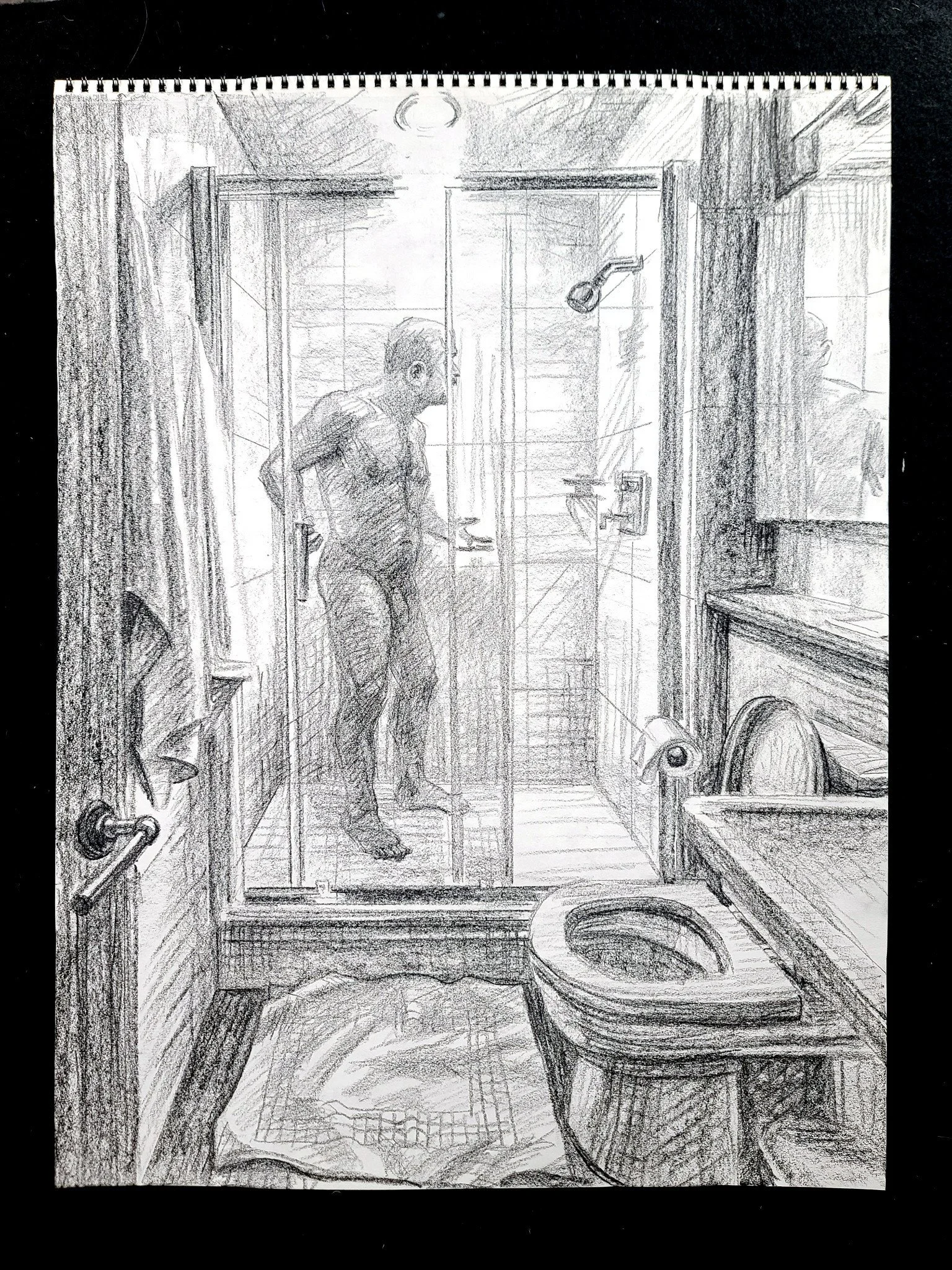 Self Portrait, Showering, 24x18 inches, crayon on paper, by Kenney Mencher (2).jpg