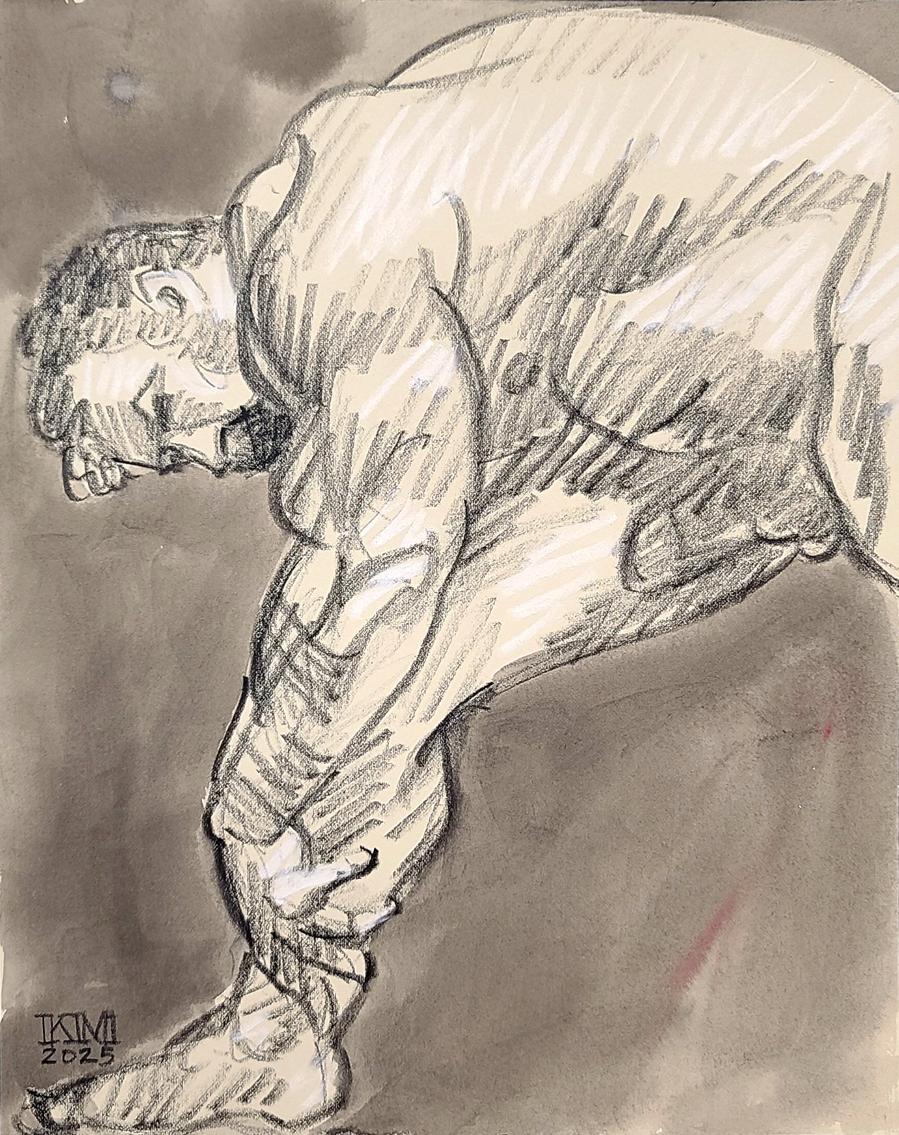 Stretching, 11x14 inches, crayon and watercolor on tan Rives BFK by Kenney Mencher .jpg