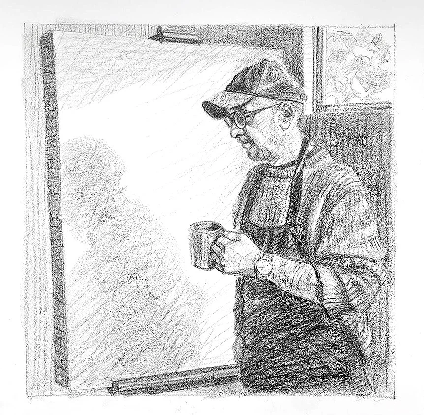 Morning, Coffee in my Studio,, 24x18 inches, crayon on Rives BFK, by Kenney Mencher .jpg