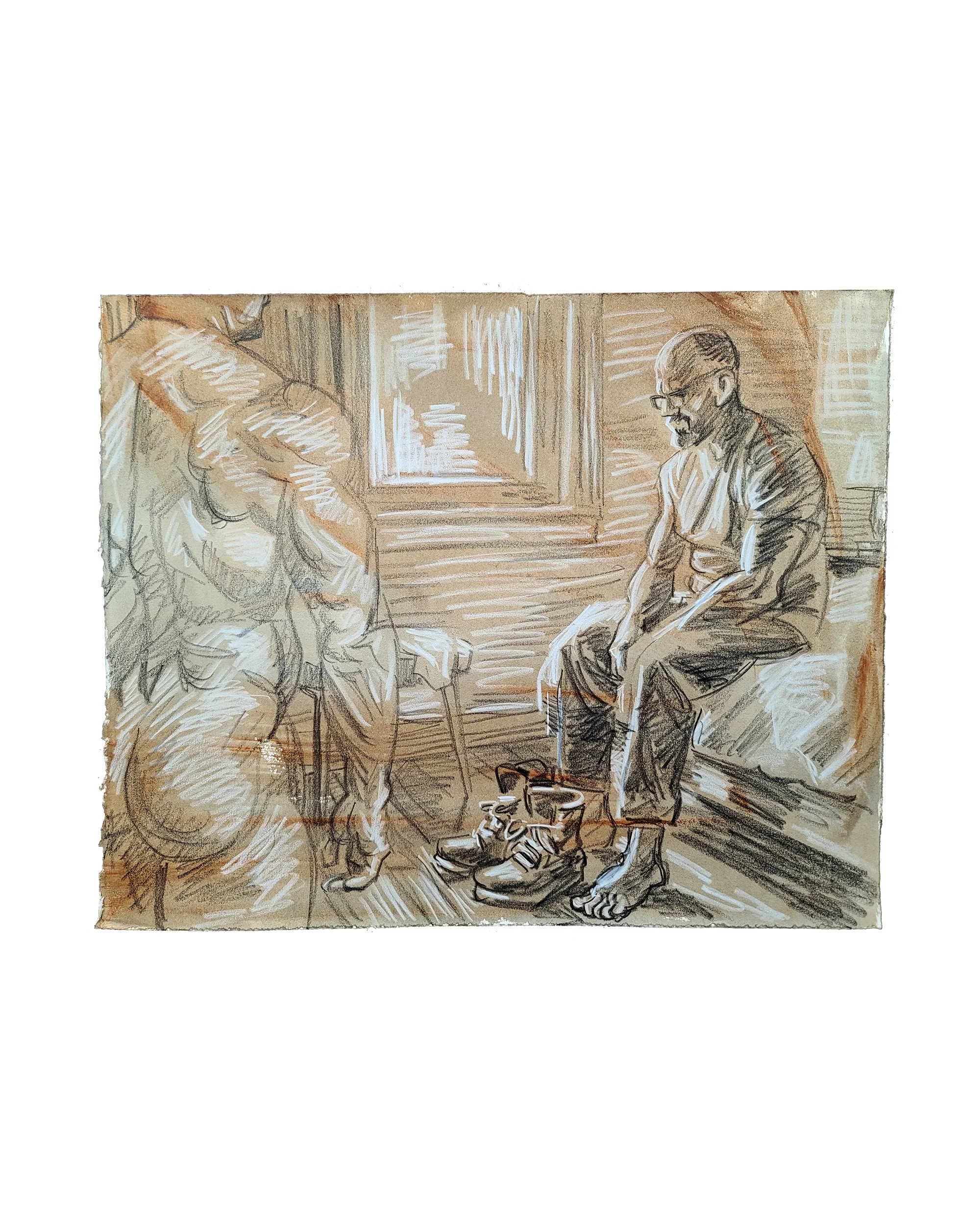 Self Portrait with another Figure, 22x30 inches, crayon on toned Rives BFK, by Kenney Mencher