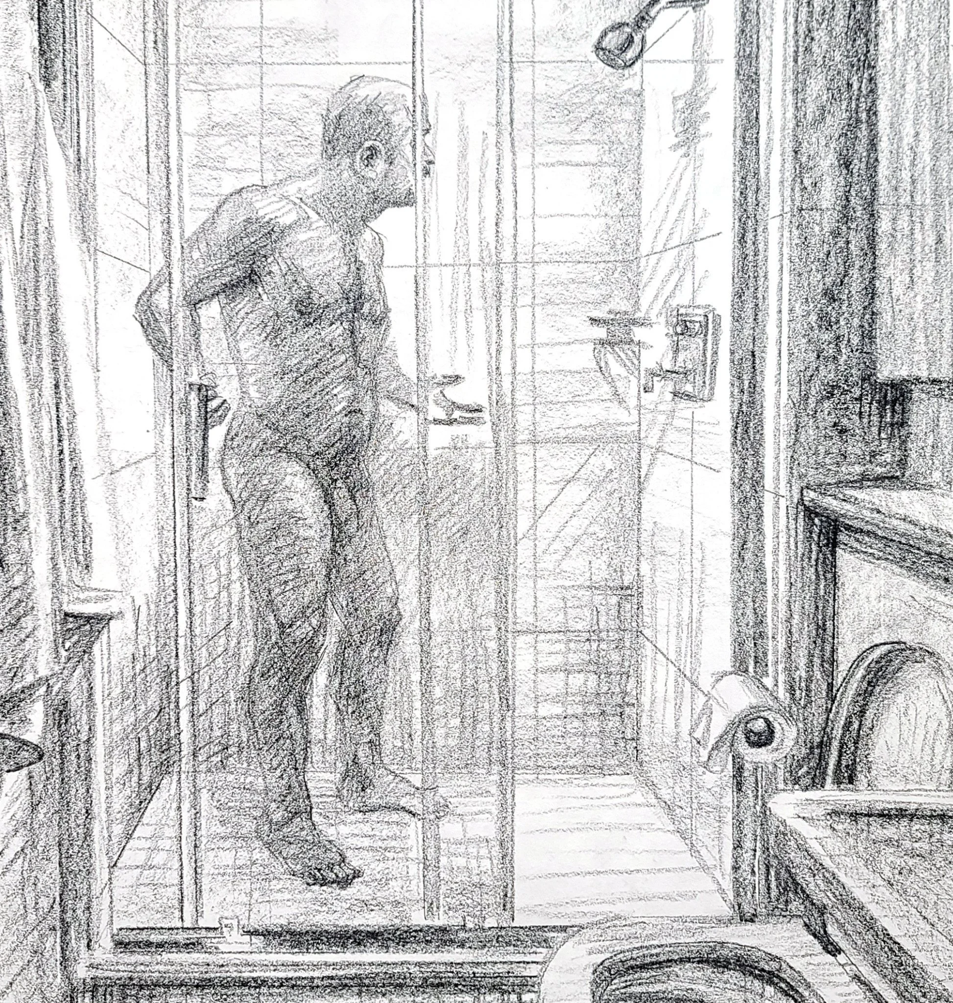 Self Portrait, Showering, 24x18 inches, crayon on paper, by Kenney Mencher dtl.jpg