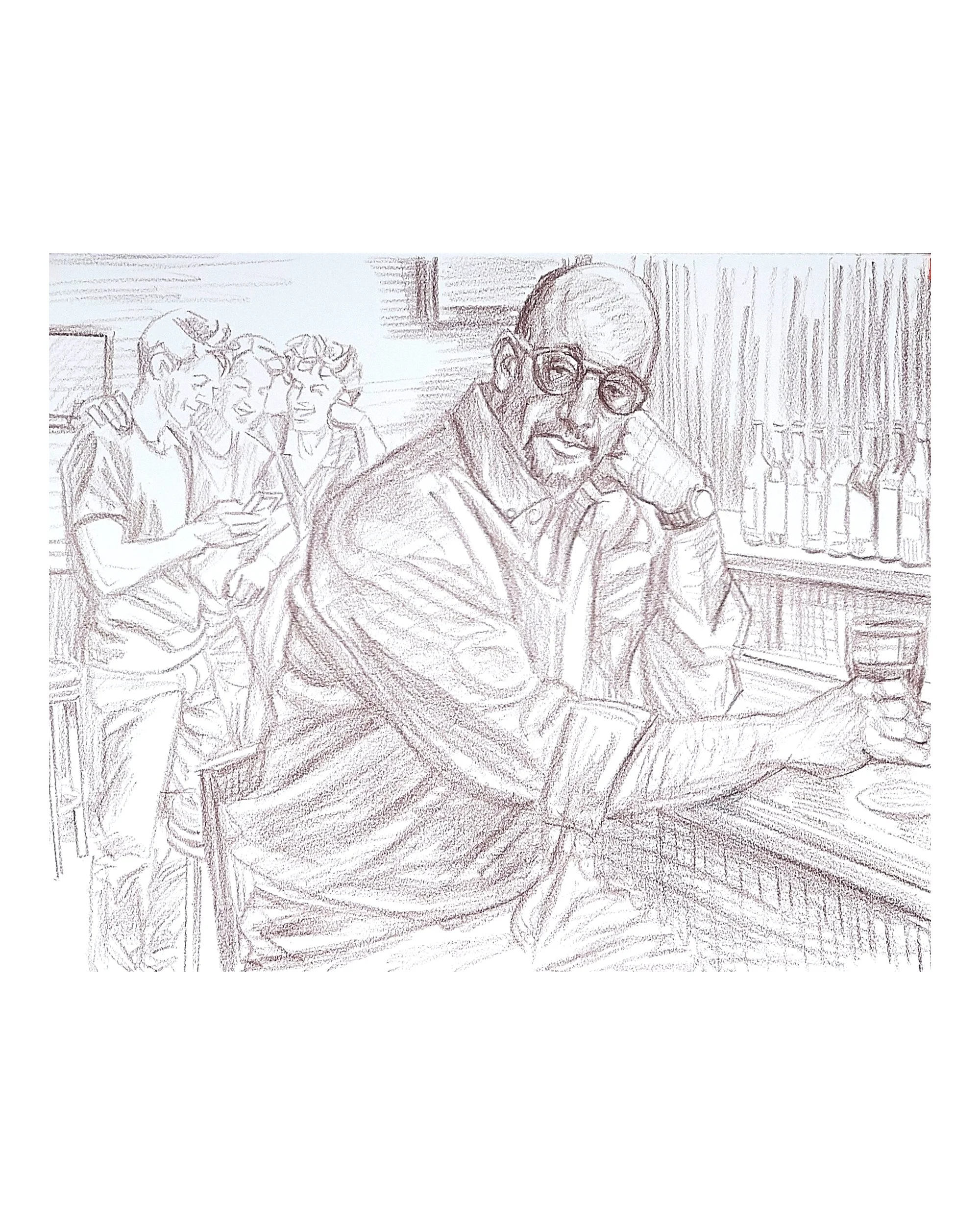 Saturday Night in a Bar, 20x16 inches, crayon on toned paper by Kenney Mencher