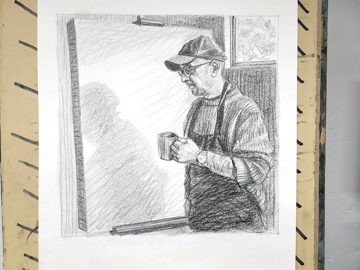 Morning, Coffee in my Studio,, 24x18 inches, crayon on Rives BFK, by Kenney Mencher (2).jpg