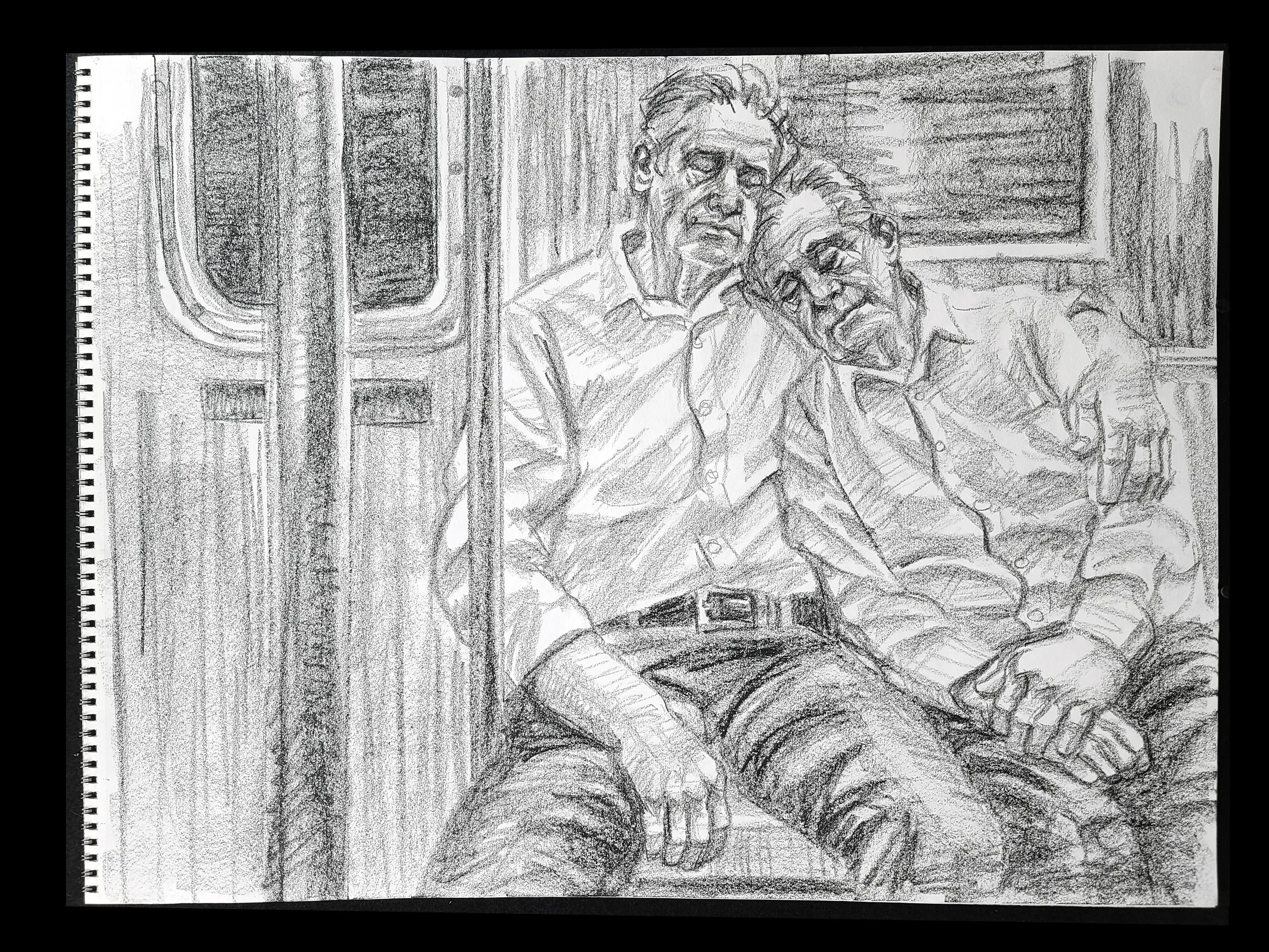 Evening, Subway, A Senior Couple,, 18x24 inches, crayon on paper, by Kenney Mencher (6).jpg