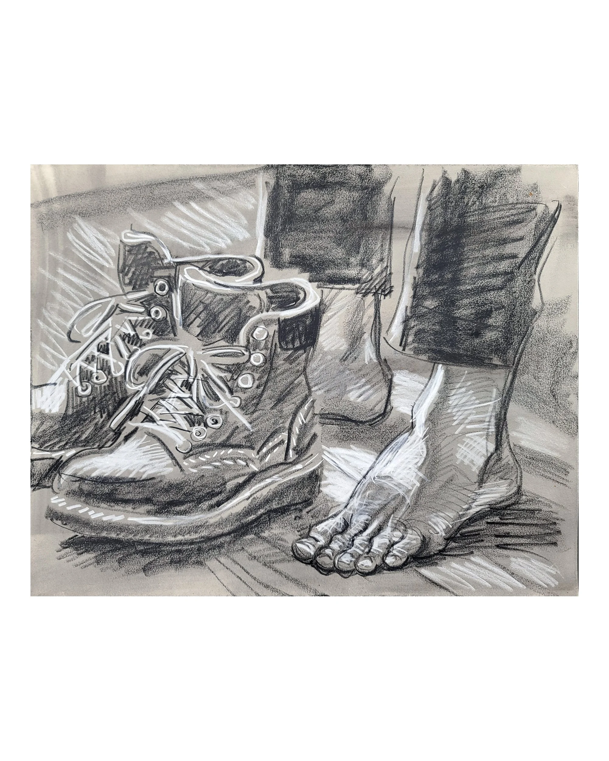 My Feet and Shoes, Self Portrait with my Bunions, 16x20 inches, crayon on toned Rives BFK, by Kenney Mencher Square.jpg