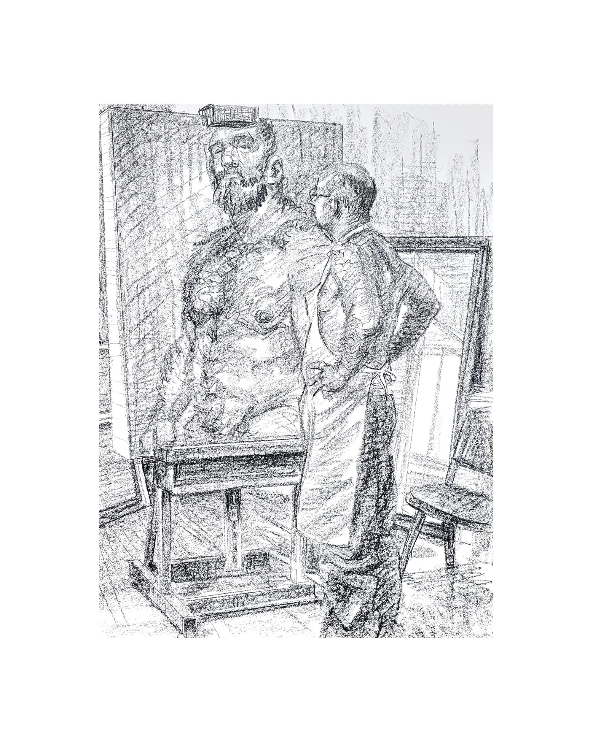 Self Portrait, Evening in the Studio, 24x18 inches, crayon on paper, by Kenney Mencher