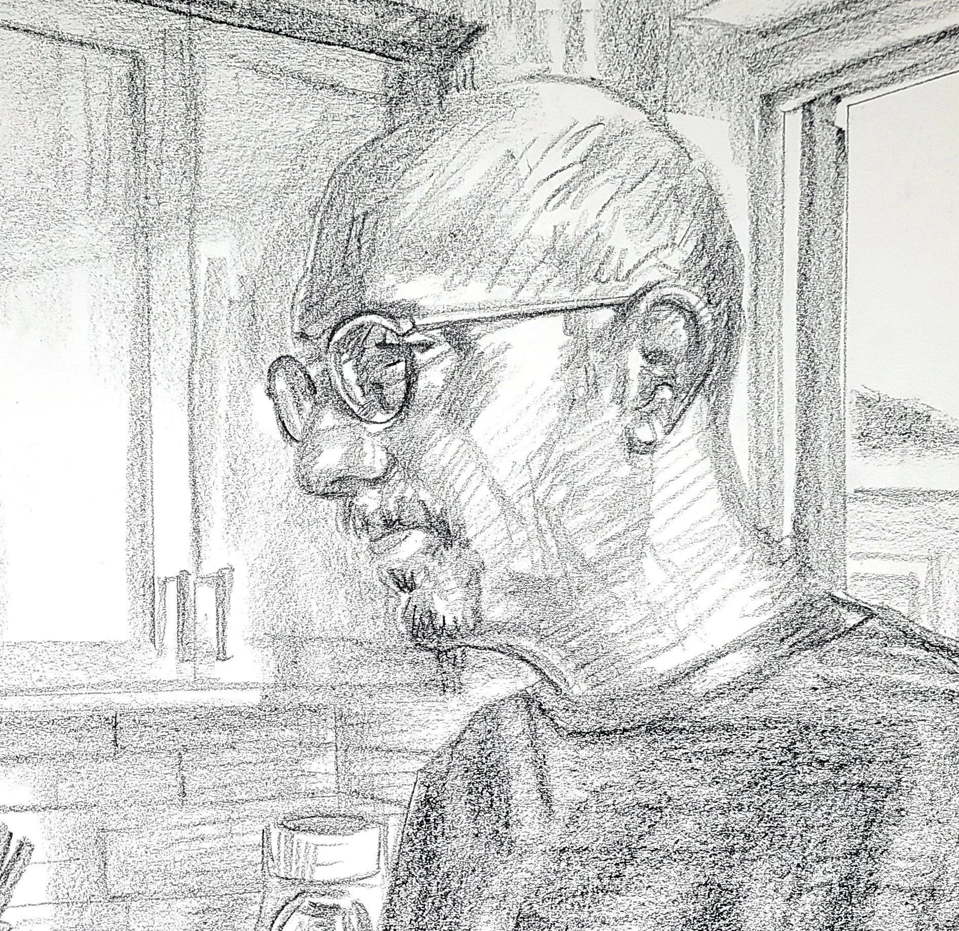 Self Portrait,Morning Coffee in the Kitchen, 24x18 inches, crayon on paper, by Kenney Mencher dtl.jpg