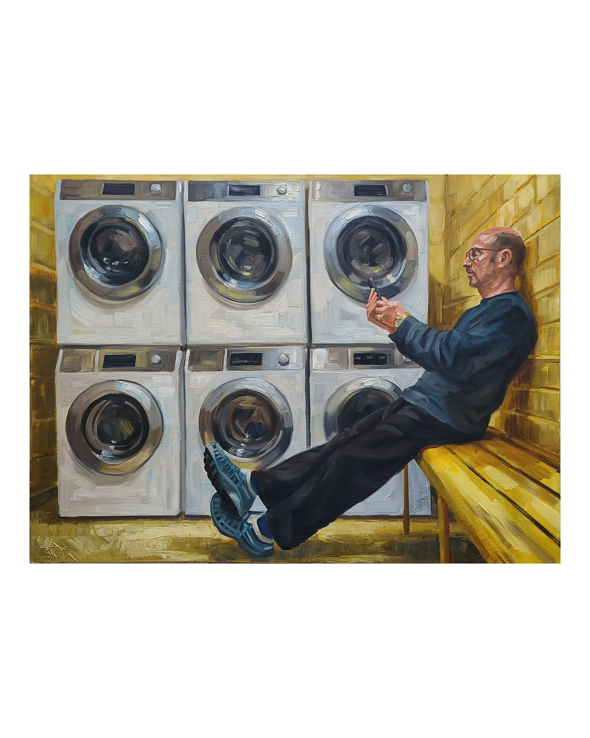 Thursday 10 AM, (Laundry Room, London) 36x48x1.5 inches, oil on linen, by Kenney Mencher