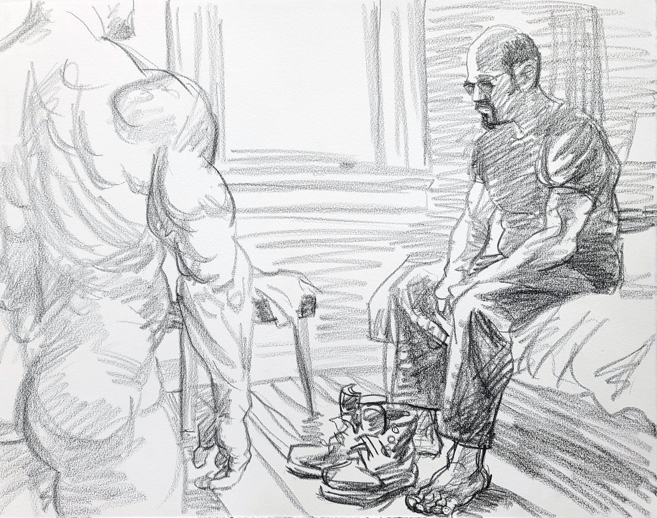 Self Portrait with another Figure, 22x30 inches, crayon on Rives BFK, by Kenney Mencher .jpg
