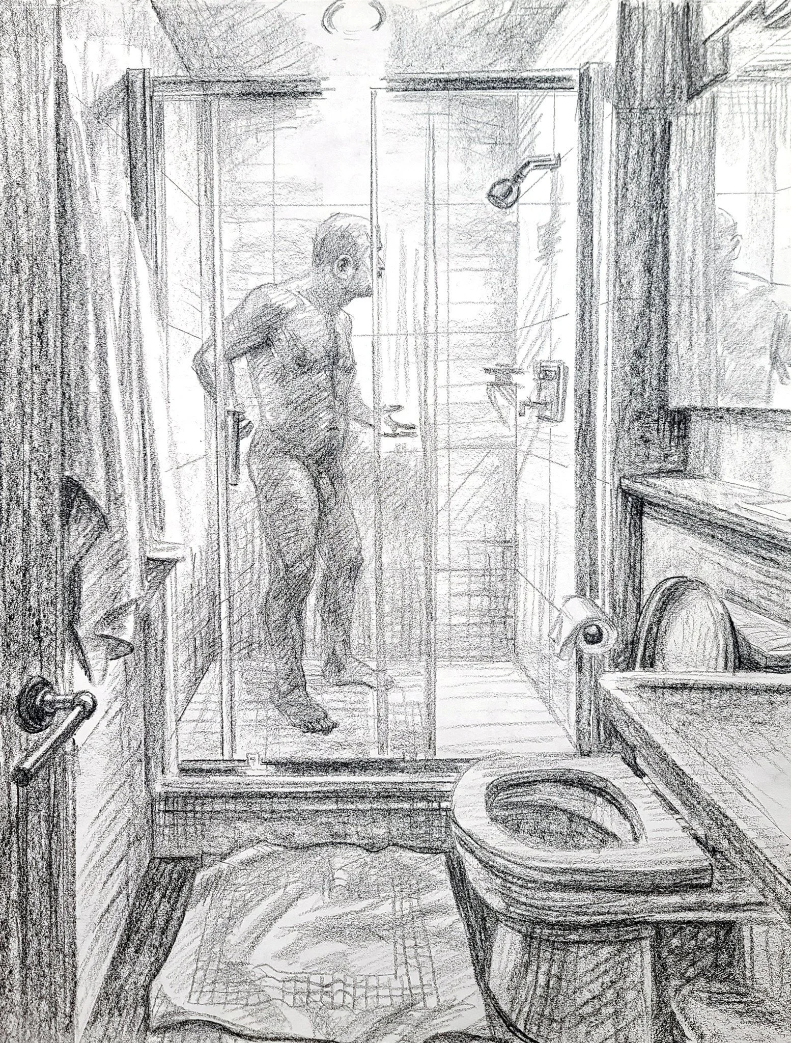 Self Portrait, Showering, 24x18 inches, crayon on paper, by Kenney Mencher .jpg