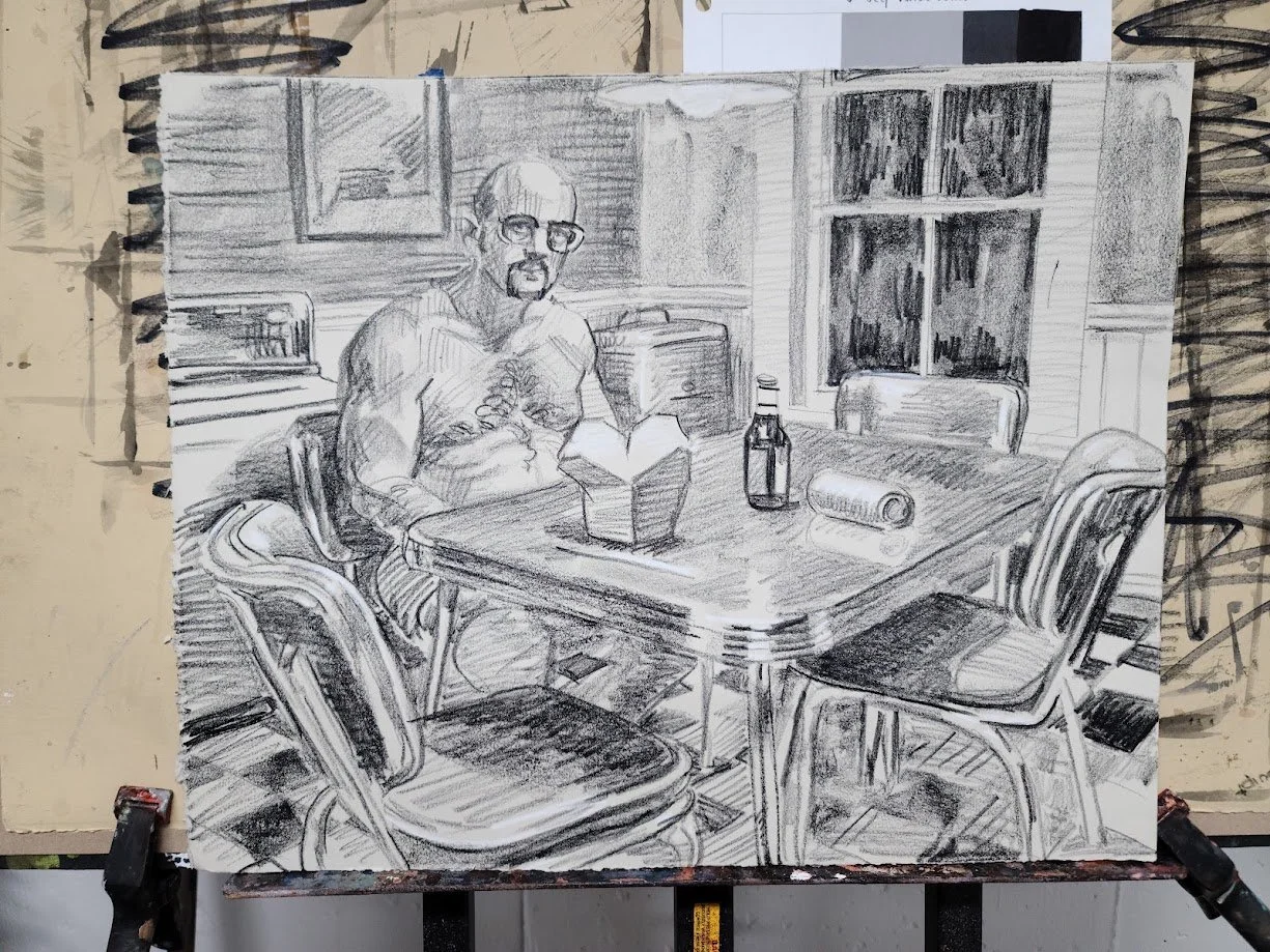 Study for Sunday 12-25 AM (Kitchen), 16x20 inches, crayon on toned Rives BFK, by Kenney Mencher in situ.jpg