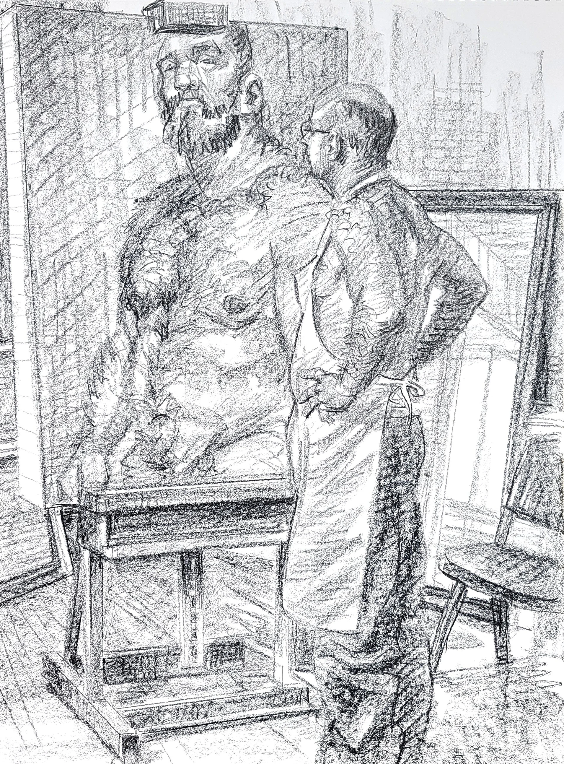 Self Portrait,Evening in the Studio, 24x18 inches, crayon on paper, by Kenney Mencher .jpg