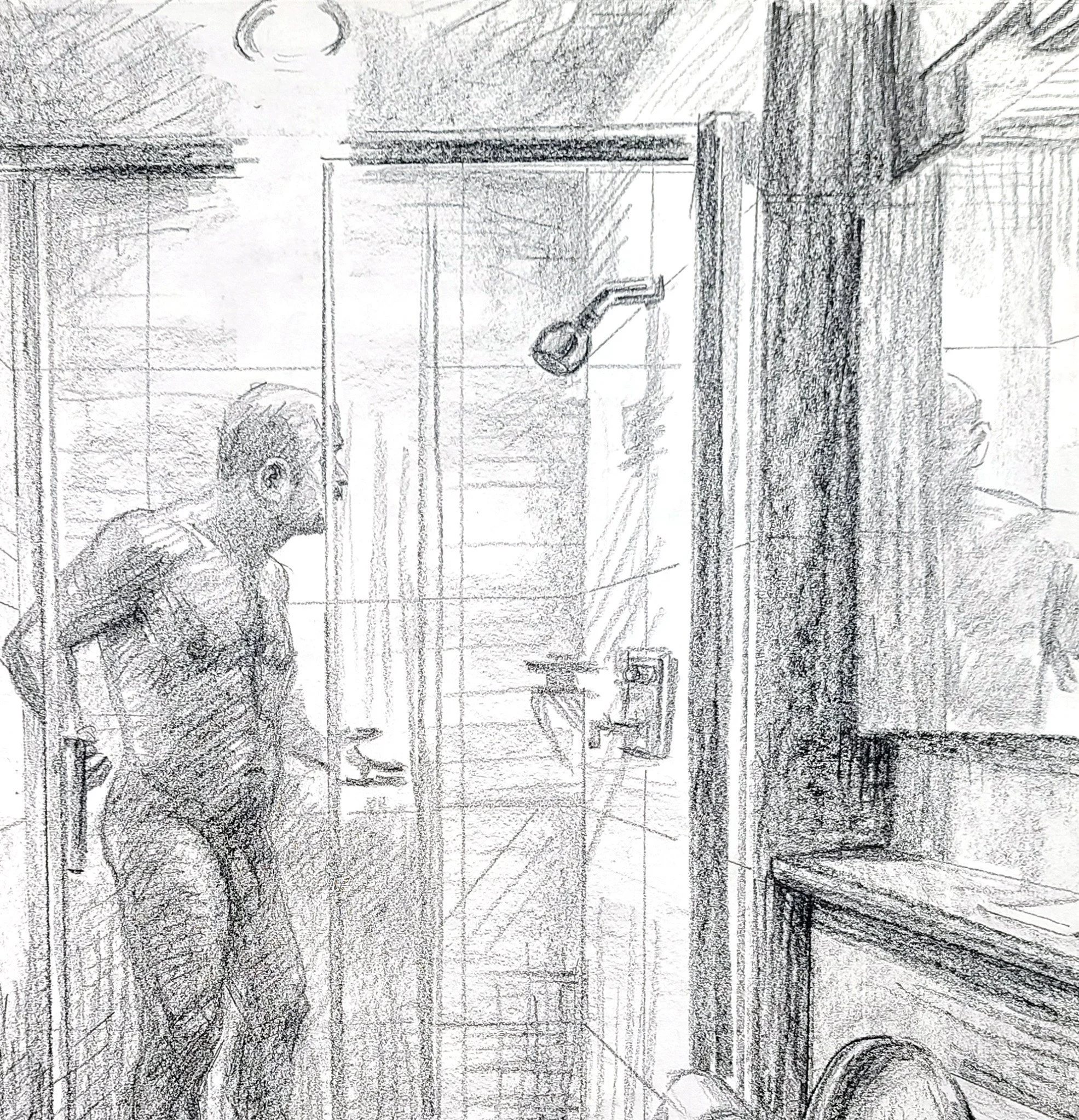 Self Portrait, Showering, 24x18 inches, crayon on paper, by Kenney Mencher dtl2.jpg