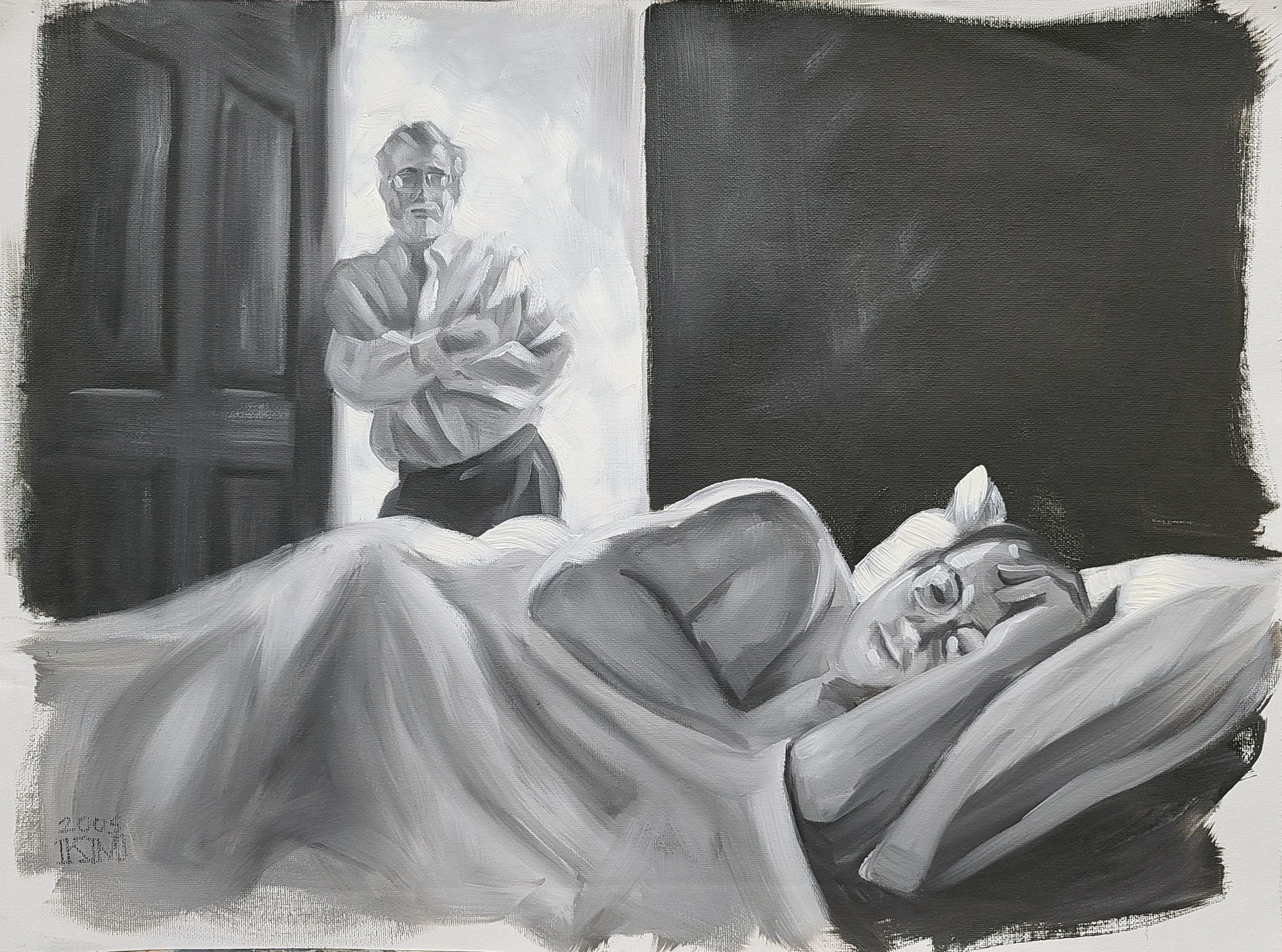 Greeny in my Dream, 18x24 inches black and white oil paint on canvas paper by Kenney Mencher .jpg