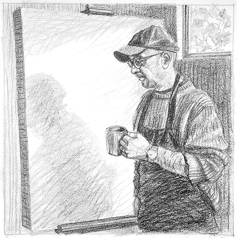 Morning, Coffee in my Studio,, 24x18 inches, crayon on Rives BFK, by Kenney Mencher cropped .jpg