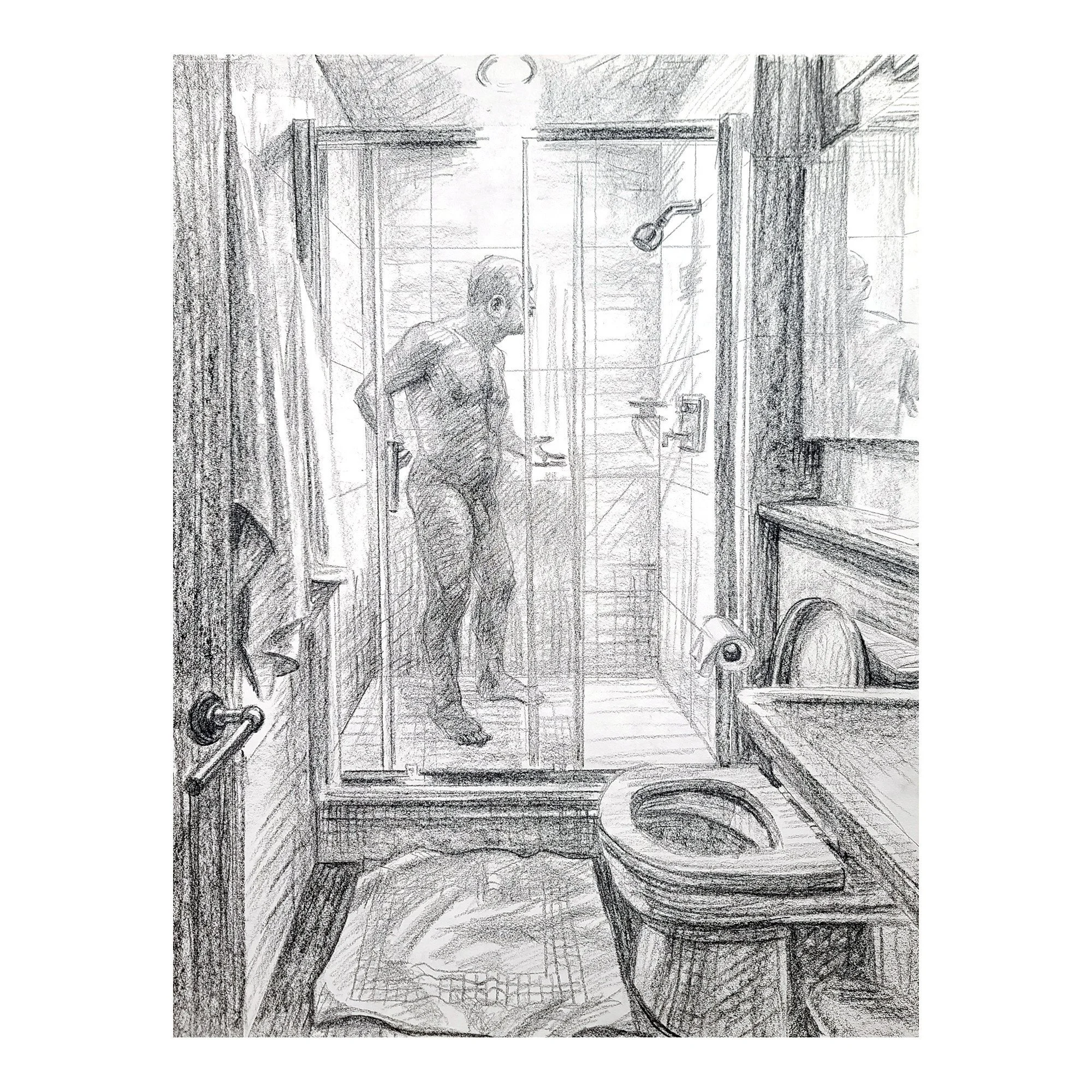 Self Portrait, Showering, 24x18 inches, crayon on paper, by Kenney Mencher Etsy.jpg