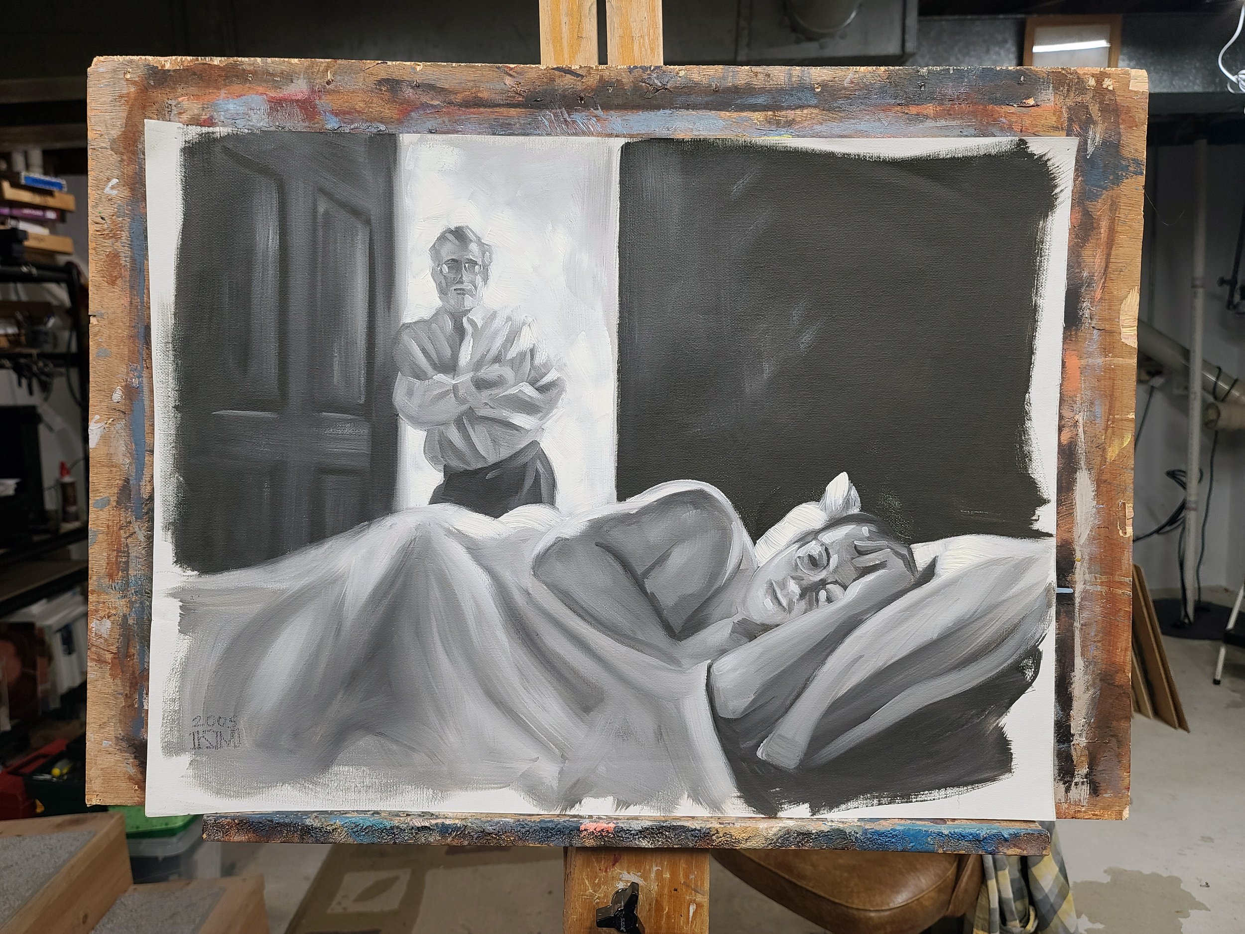 Greeny in my Dream, 18x24 inches black and white oil paint on canvas paper by Kenney Mencher (2).jpg