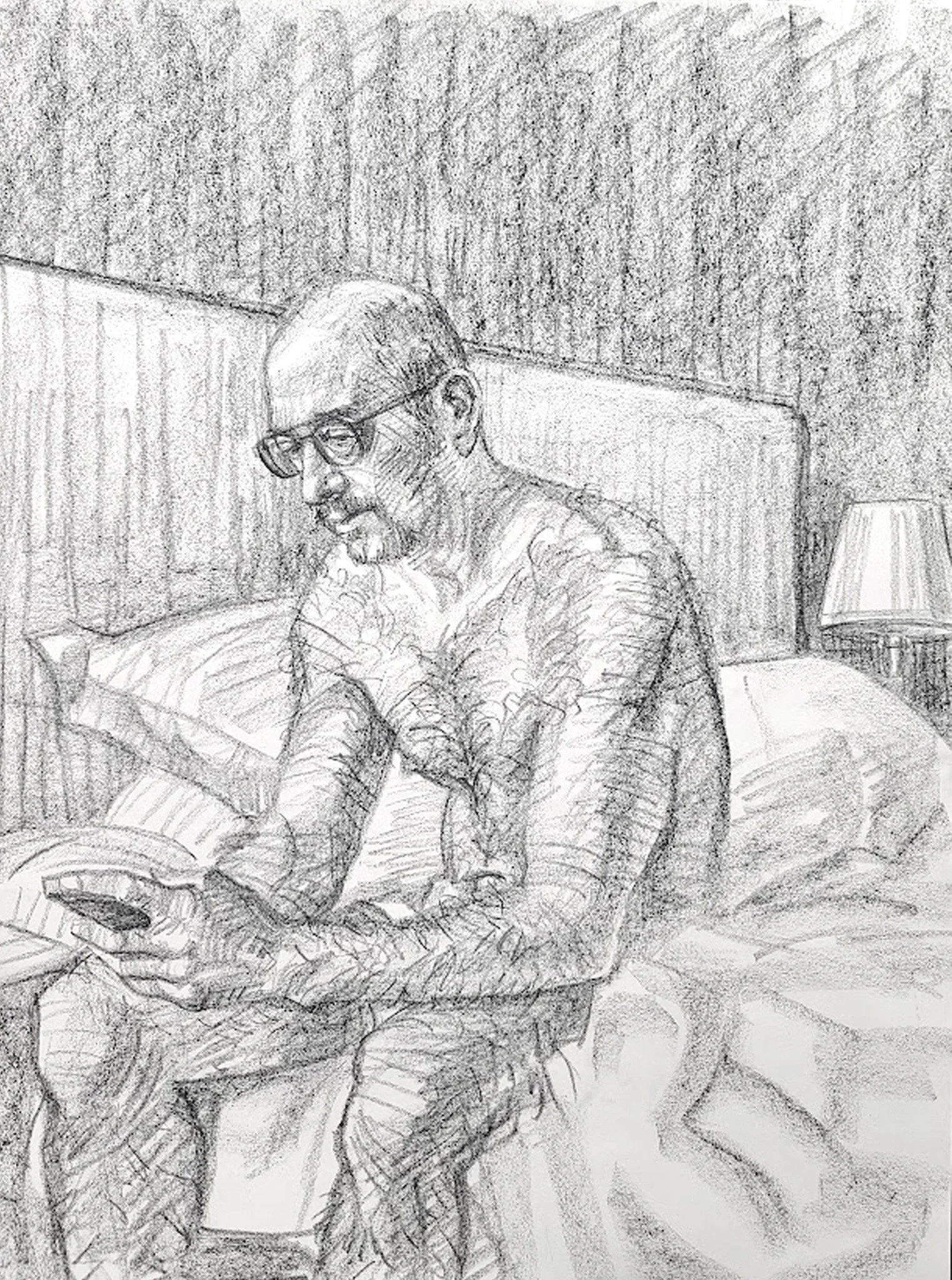 Self Portrait, Morning, Cell Phone, 24x18 inches, crayon on paper, by Kenney Mencher .jpg